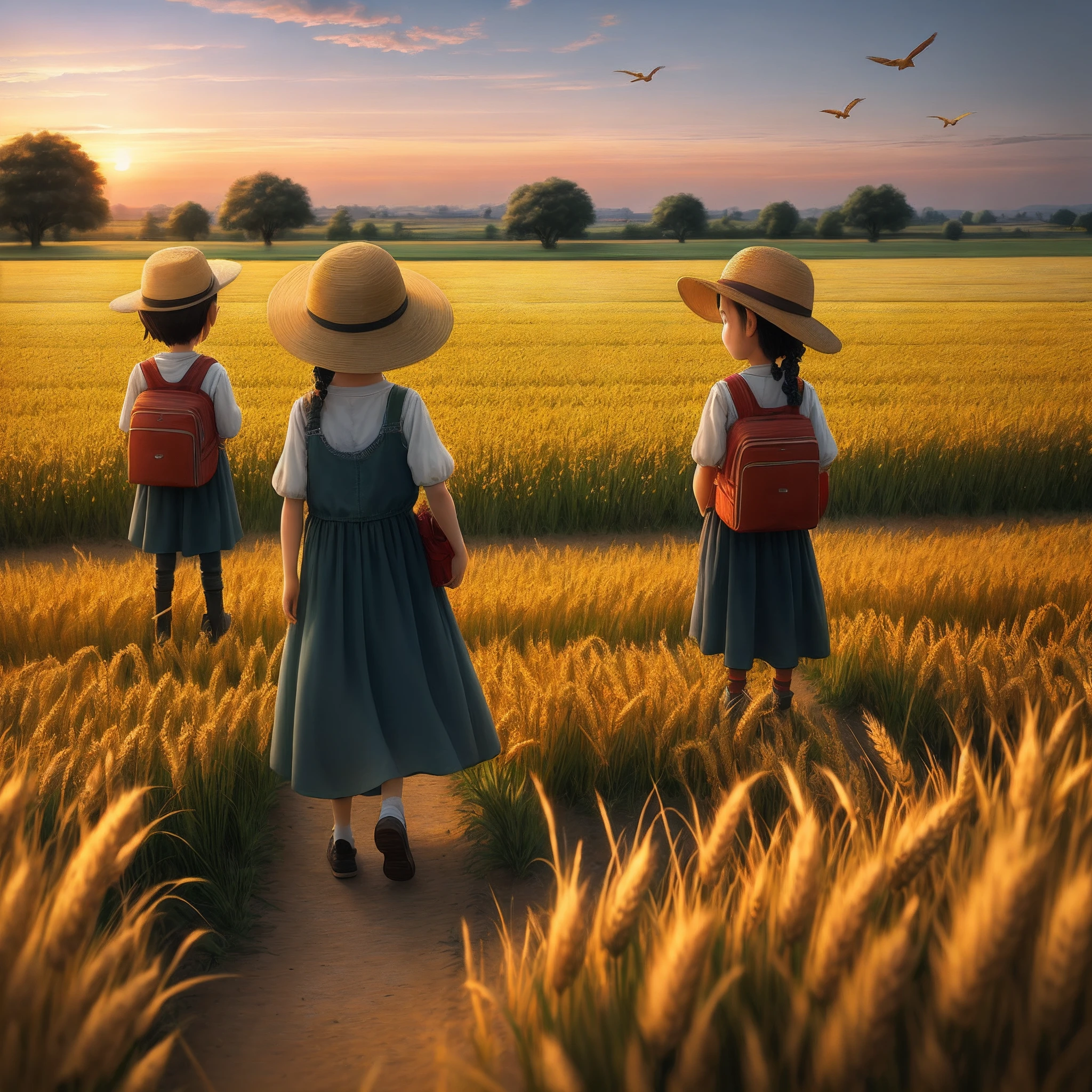Sunset wheat field village children, birds, paths, flowers, scarecrows