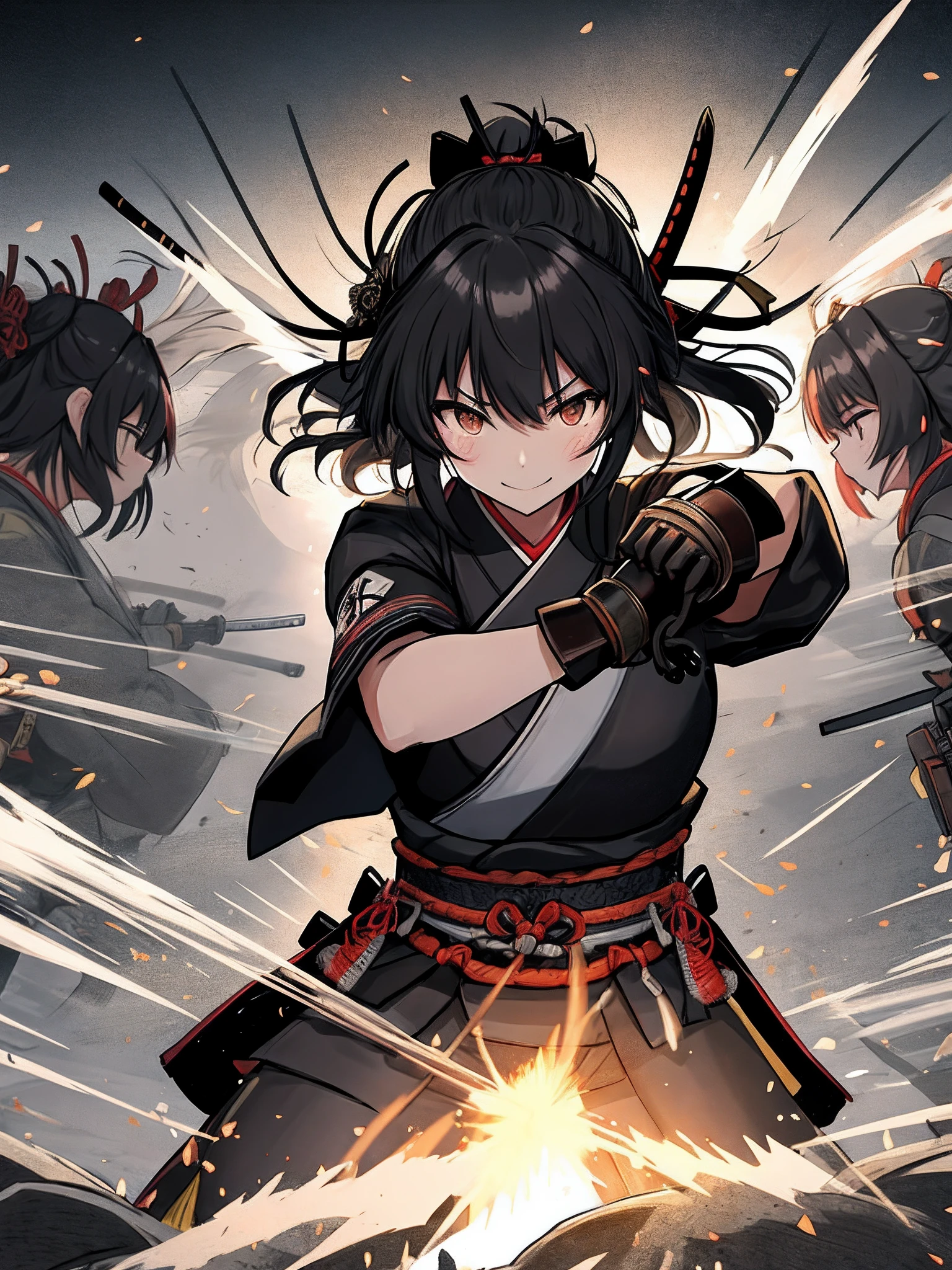 On the battlefield of the Edo period where the scenery of the Japan spreads、Attractive female samurai stands。 Samurai wear simple kimonos、In his black-gloved hand he holds a Japan sword.。 Dust flew violently in the battlefield、Thousands of infantry are fighting each other。Pay attention to enemies creeping around。 A smile appeared on the samurai's face、Tension and anticipation are mixed before the battle。 The blade of the Japan sword glows lightly、Depict the moment when the light movements of the samurai's body dance beautifully in battle。 Use this prompt to、Lightly armed female samurai unites with nature、Draw a moment of battle that flashes。