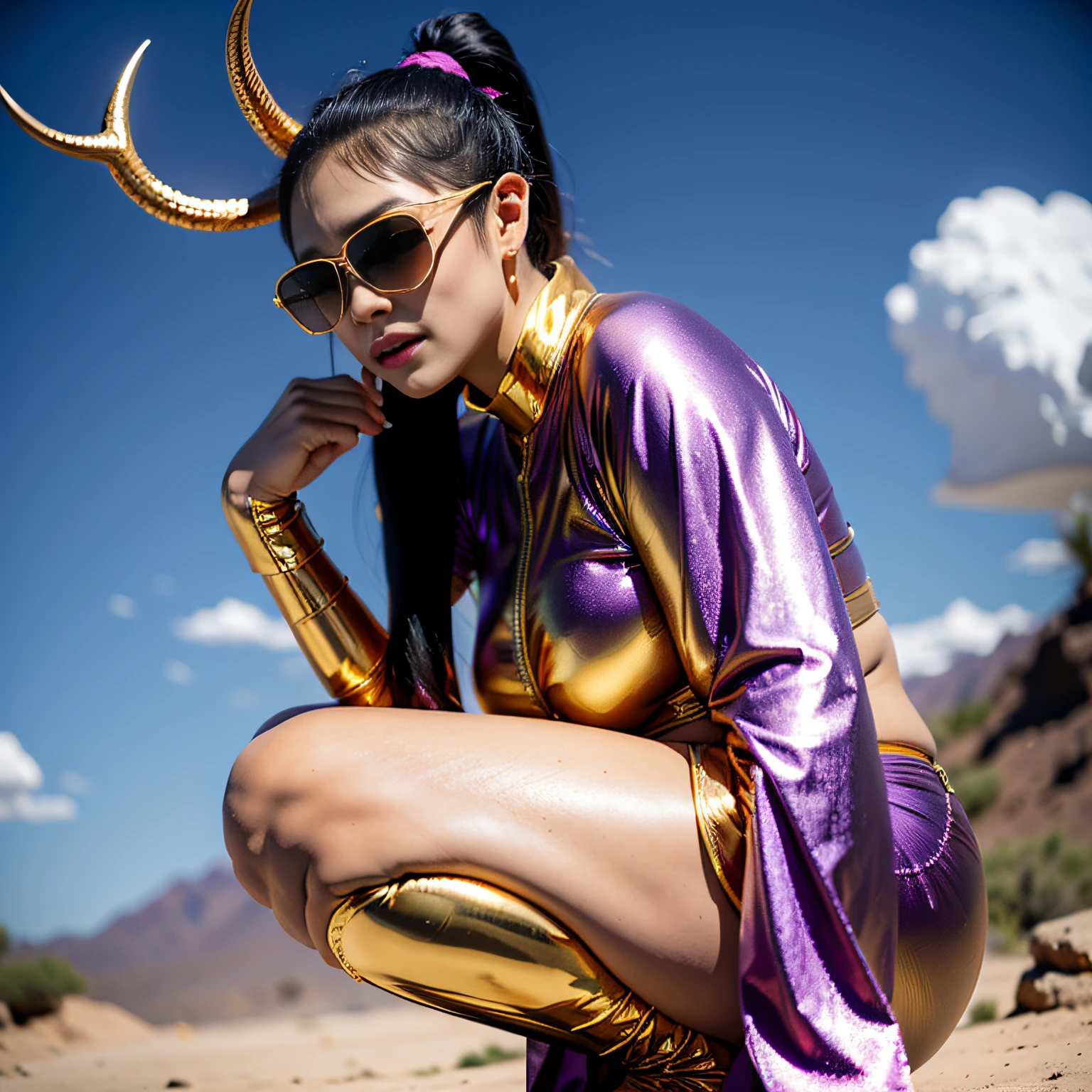 Muddy ground after rain，32K（tmasterpiece，k hd，hyper HD，32K）Purple-pink double ponytail，Antler gold cloak fat heroine cartoon nine-tailed fox，Fat heroine, Purple water breast protector, Big breasts, Black Goldfish, Wire mesh shin guard, Space squats，Wear reflective sunglasses with a thick gold thread，Wear boxing gloves，frontage，extremely happy（（（Platinum marble sunglasses）））Deep gold sunglasses，side portrait