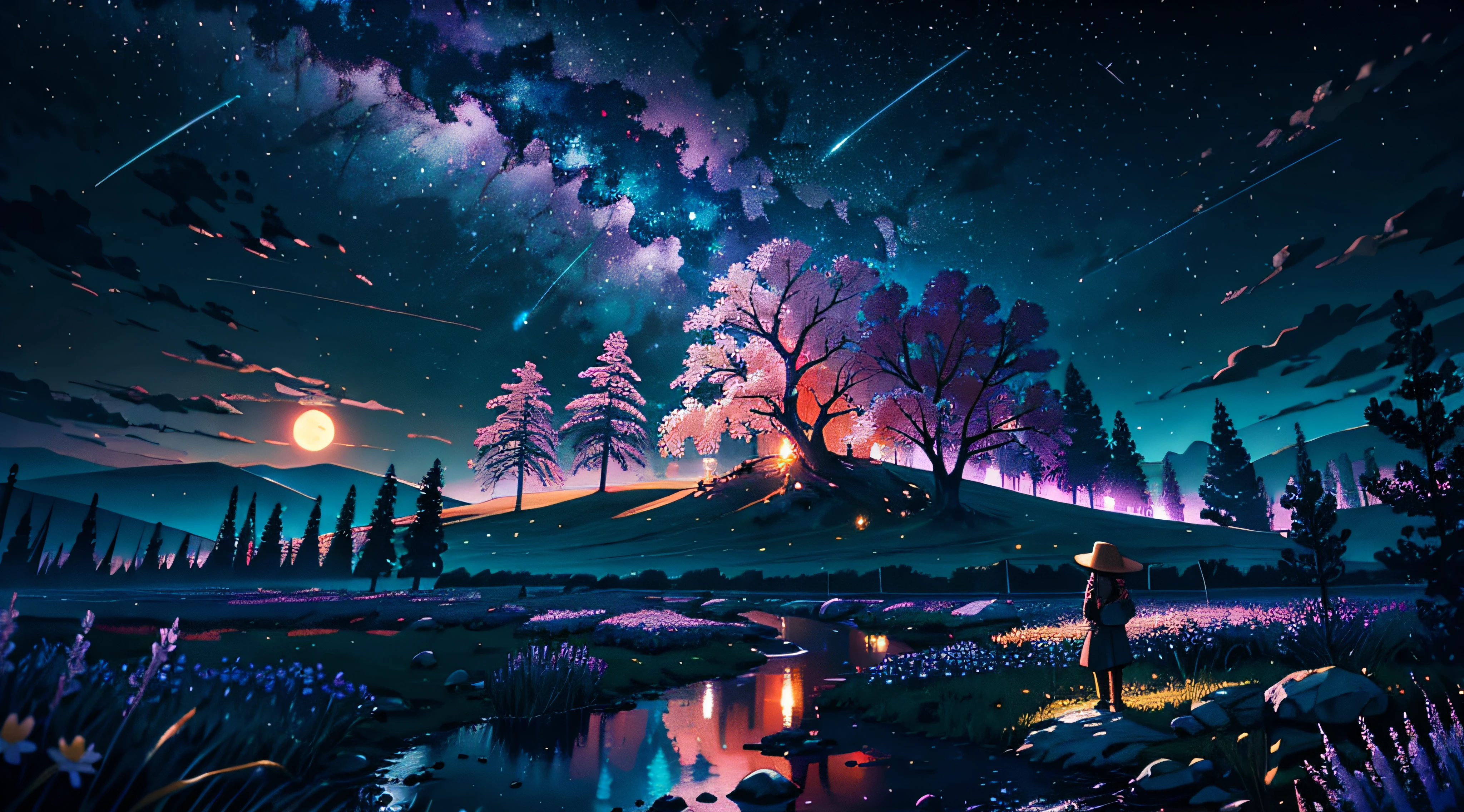 Expansive landscape photograph, (view from below with a view of the sky and the wilderness below), girl standing in a flower field looking up, (full moon: 1.2), (shooting star: 0.9), (nebula: 1.3), distant snowy maroon colored mountains, tree break production art, (warm light source: 1.2), (firefly: 1.2), lamp, purple and orange, intricate detail, volume lighting BREAK (masterpiece: 1.2), (highest quality ), 4k, ultra-detailed, (dynamic configuration: 1.4), highly detailed and colorful details (iridescent: 1.2), (sparkling lighting, atmospheric lighting), dreamy, magical, (solo: 1.2)