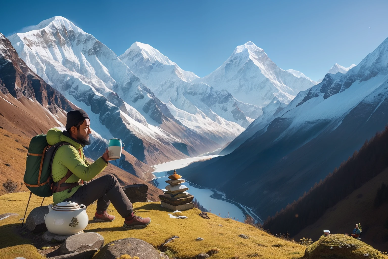 Year: 2018
Country: Nepal
Description: Amidst the breathtaking landscapes of the Annapurna region, an adult trekker takes a moment to rest on a moss-covered stone wall. Surrounded by lush greenery and snow-capped peaks, the trekker enjoys a cup of tea from a thermos. The diffused daylight enhances the tranquil beauty of the surroundings.