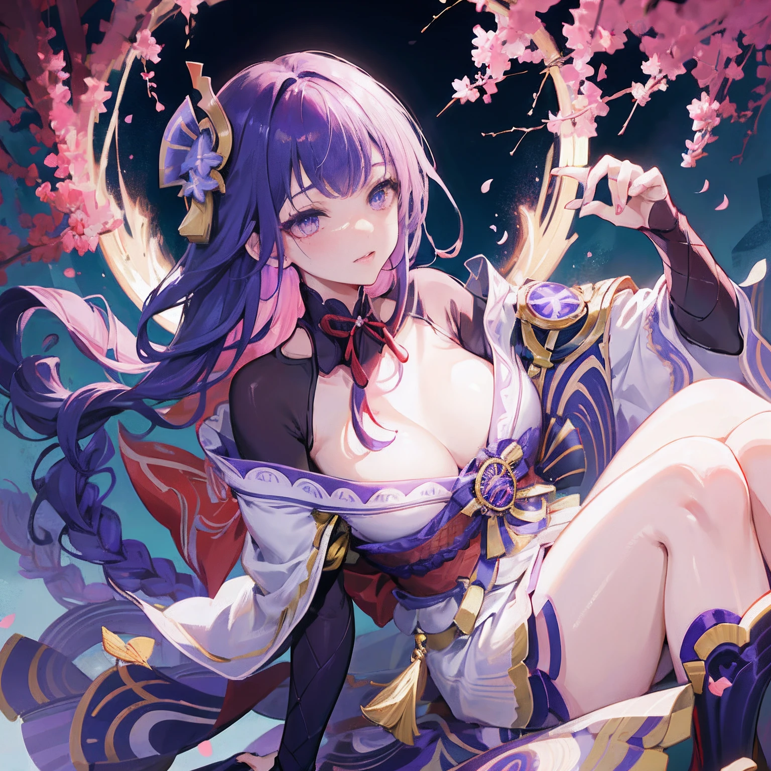 happy, bared legs, Japanese temple, (Highest Quality，masterpiece，8k wallpaper:1.2)，((Pale skin))，1girll，Solo Woman，((Genshin_impact，Raiden general))，thunder light particles，Purple thunderbolt，Bright background，the cherry trees，purple color-theme，Delicate facial features，Sexy beautiful anime girl，Raiden general，Long purple hair，rosy lips，Anime mouth，Keep one's mouth shut，A sexy mature woman，(Severely melancholy face)，Detailed eyes，busty figure，（（solo）），lying，more details on eyes，more details on back ground，Twink eyes，only five fingers each hand.