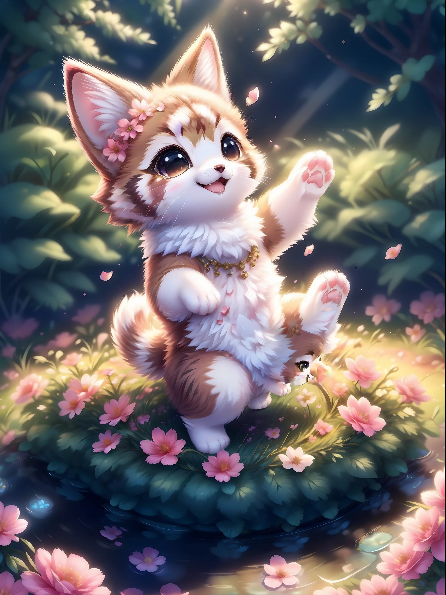 Complex background, Beautiful lighting, deepshadow, Best Quality, masutepiece, 超A high resolution, Photorealistic, lots of fine detail, Soft colors, Volumetric lighting, scifi, Contrasty:0.5, Solo:1.4, (main visuals_coon:1.2), (corgi:0.8), Cute, animal, forest, tussock, willow trees, flower petals, ultra fluffy, cutemaomao、playing in the water、Chii、Playing in the pond、jumpping、Bouncing splashes、