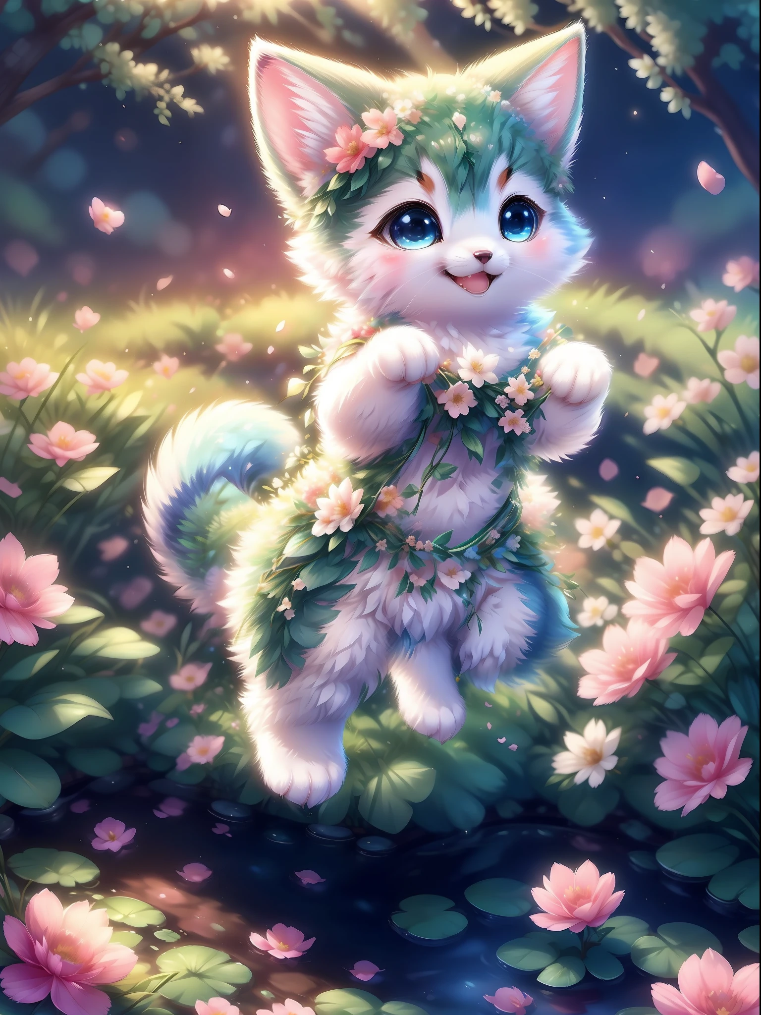 Complex background, Beautiful lighting, deepshadow, Best Quality, masutepiece, 超A high resolution, Photorealistic, lots of fine detail, Soft colors, Volumetric lighting, scifi, Contrasty:0.5, Solo:1.4, (main visuals_coon:1.2), (corgi:0.8), Cute, animal, forest, tussock, willow trees, flower petals, ultra fluffy, cutemaomao、playing in the water、Chii、Playing in the pond、jumpping、Bouncing splashes、