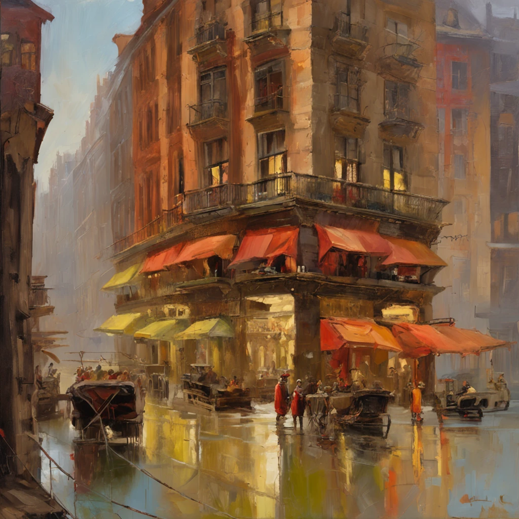 ((masutepiece)),((Best Quality)),((high detial)),((Realistic,)) industrial age cities, European cities、deep canyon in the middle, architectural streets, bazaars,Red Tent、 bru, rainy day, foggy、Steampunk, European architecture
