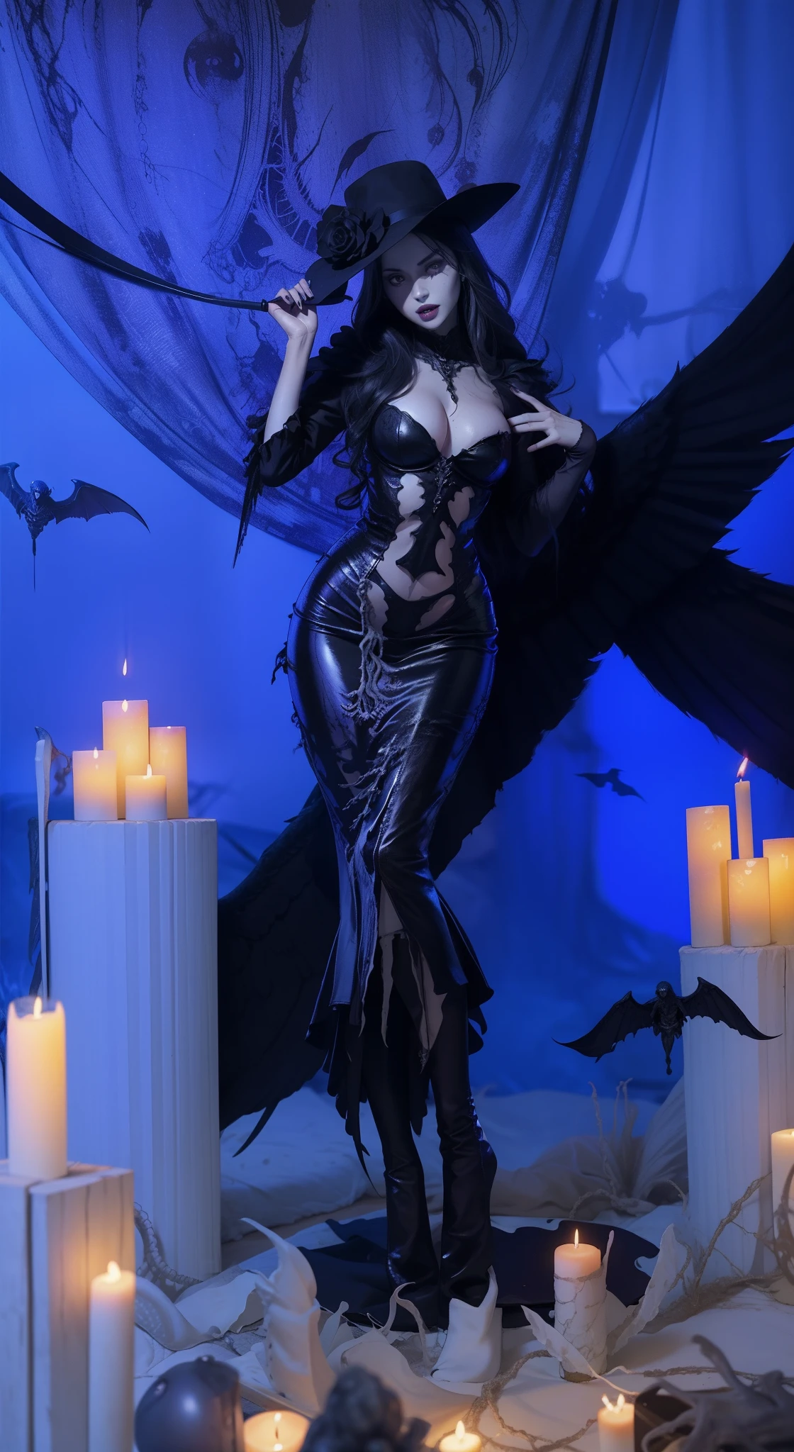 Fine matte paint,Skeleton Dark Angel, Haunted castle with large wings, Fill the drawing table with a knife,terroral,uncanny,horrid,secret terror,tentaculata,grape trees,The eye,uncanny valley effect teeth,all fours,Critters,Blood Moon,super high image quality,Sexy beauty,The picture quality is clear,nedium breasts