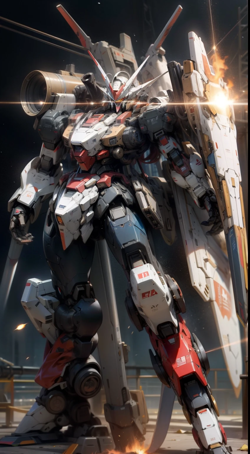 Surrealism, Ray Tracing, Photorealistic, UHD, High Detail, 32k, Best Quality, Textured Skin, Gundam Mecha, Flight, Funnel, Mecha Ship, Masterpiece, Best Quality, Mecha, Unmanned, (Full Body), (Black Mecha: 1.8), (Axisymmetric: 1.4), (HDR), (Movie Light: 1.1), White Eyes, Cool, Science Fiction, Fire, Universe, oversized shield, mecha man overlooking the background of the earth, with laser cannon beams, wars, conflicts, weapons in hand (has a huge weapon: 1.5),