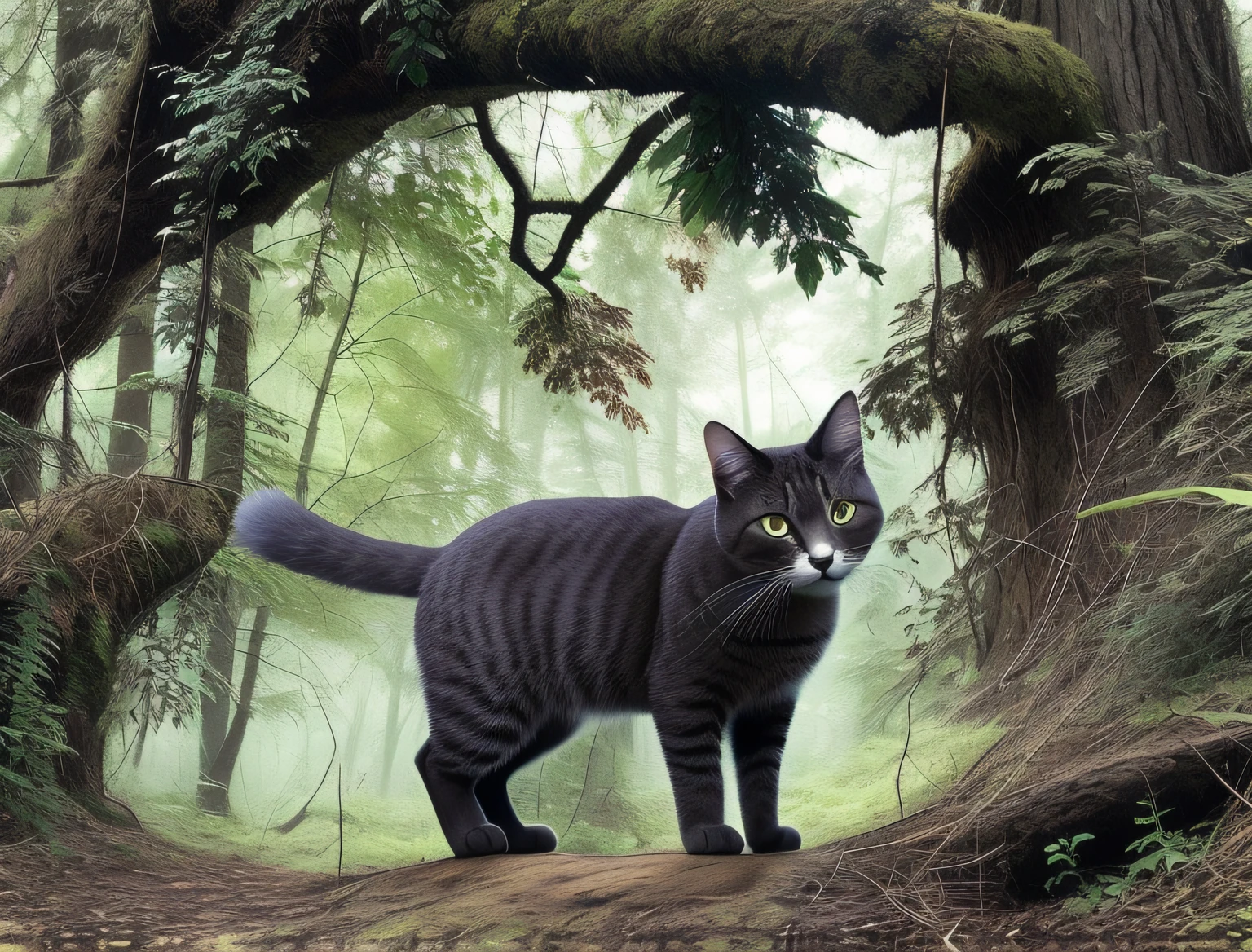 there is a cat that is standing on a tree branch, cat in the forest, maus in forest, prowling through the forest, by Maksimilijan Vanka, enjoying a stroll in the forest, photo of a cat, by Anato Finnstark, by Terese Nielsen, forest portal, queen of the forest, in a spooky forest, in the forest