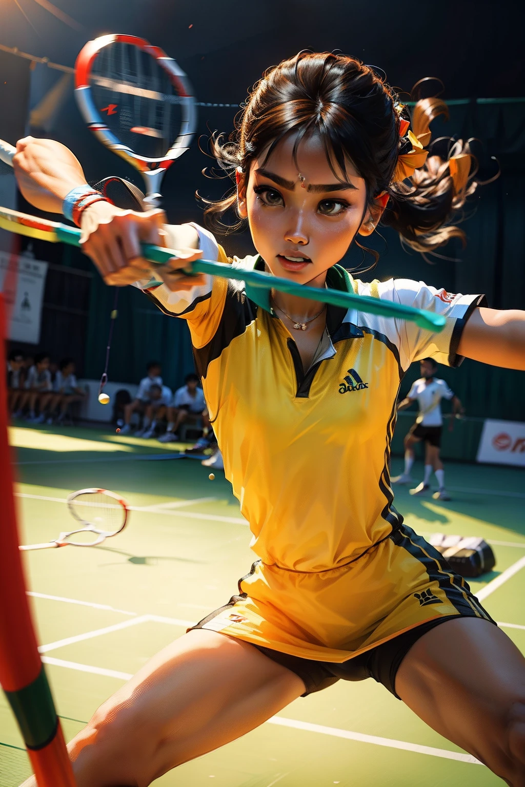 Swing the badminton racket,The scene is bright,Show off hand details,Young and energetic,plethora of colors