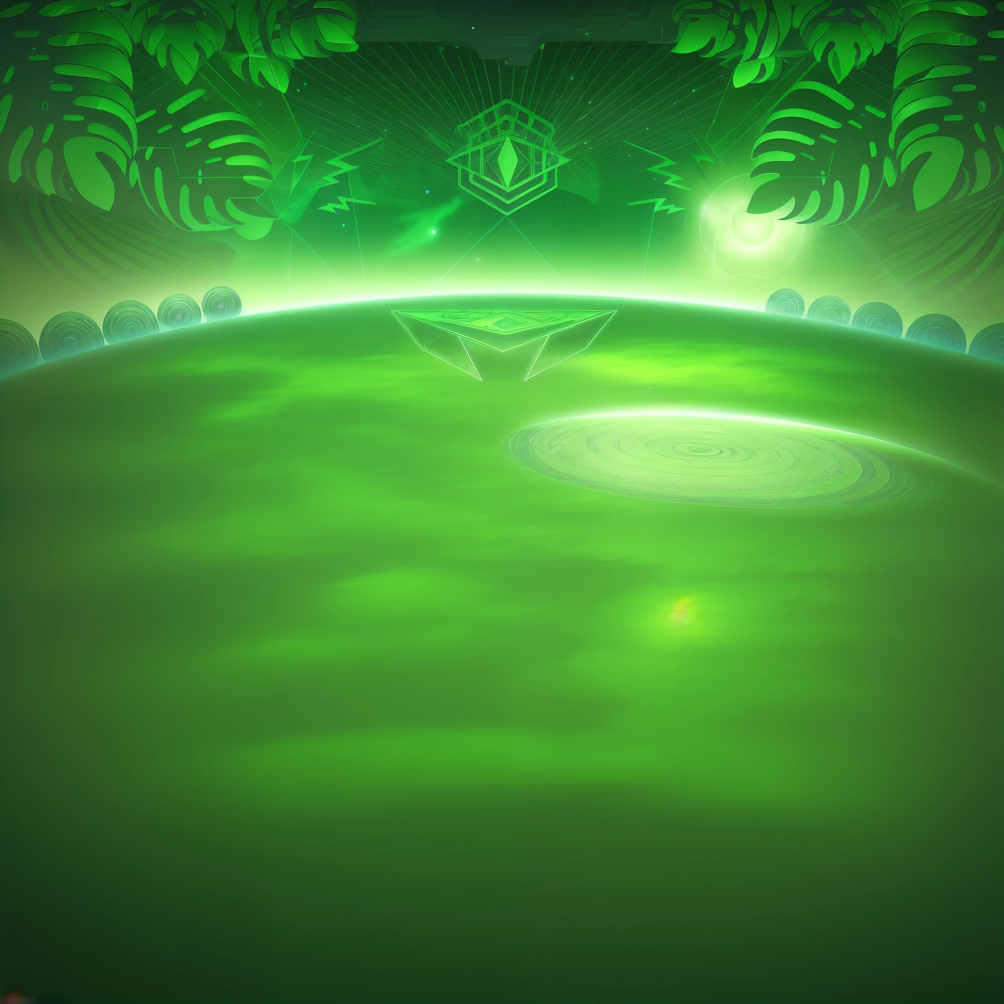 There is a green background picture with a pattern, space in background, alien forest in background, an abstract tropical landscape, poster background, background artwork, background art deco palace, Background(Solid), arte de fundo, symmetrical fantasy landscape, art deco background, Magnificent background, Mobile game background, cyber space forest scene, Surreal background, lush alien landscape, Gorgeous background