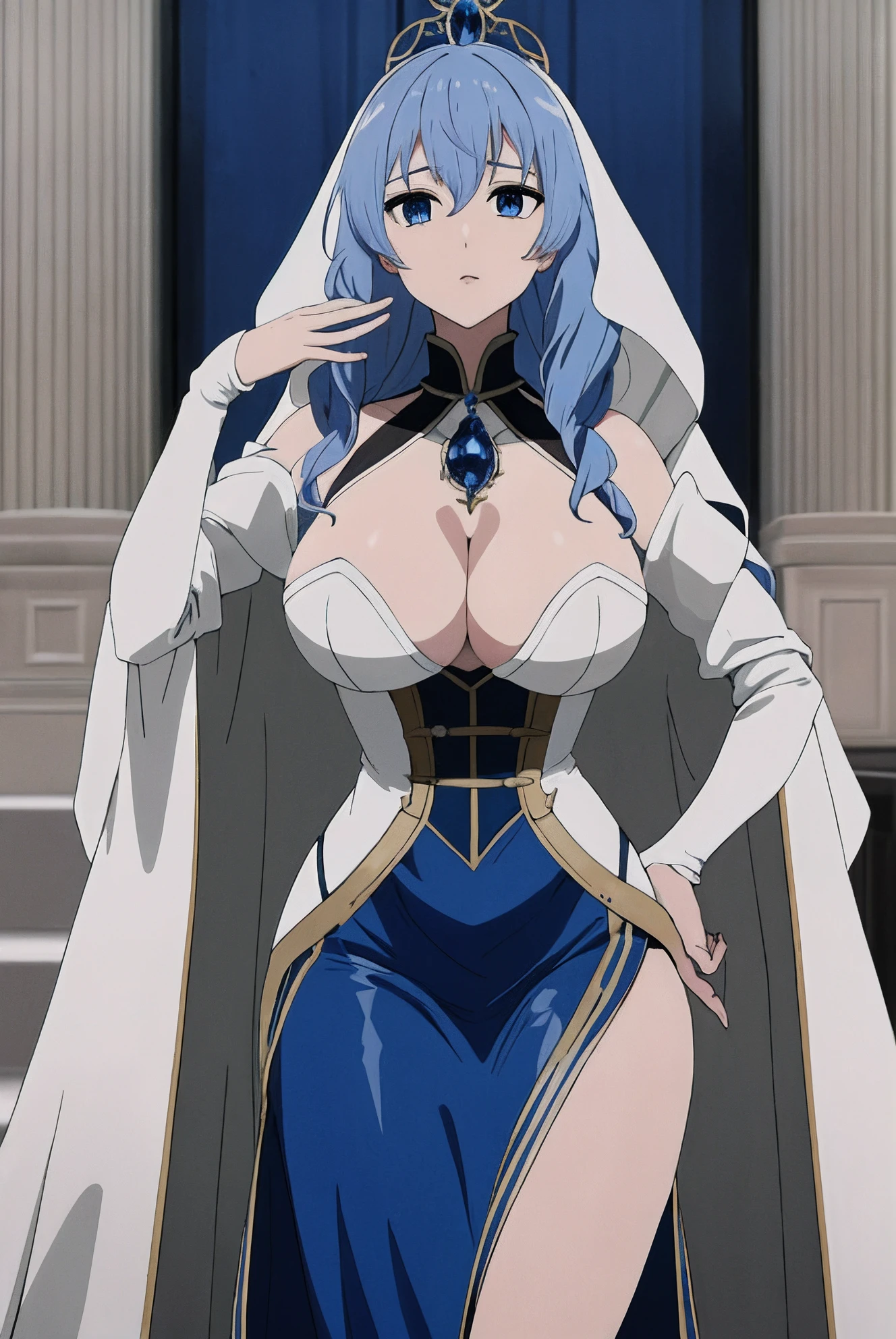 An exquisite fusion of elegance and allure, This anime character embodies the enchanting blend of curved grace and slender beauty. Imaginez une grande femme avec un corps de gros seins et un gros cul, de longs cheveux bleu clair en cascade le long de son dos, Framing a face with captivating blue eyes that hold a world of mystery. It is a symbol of privilege and talent, Son aura rayonnante de confiance et une touche de perfection dogmatique. Consider her the embodiment of grace and influence, A vision that leaves an indelible mark