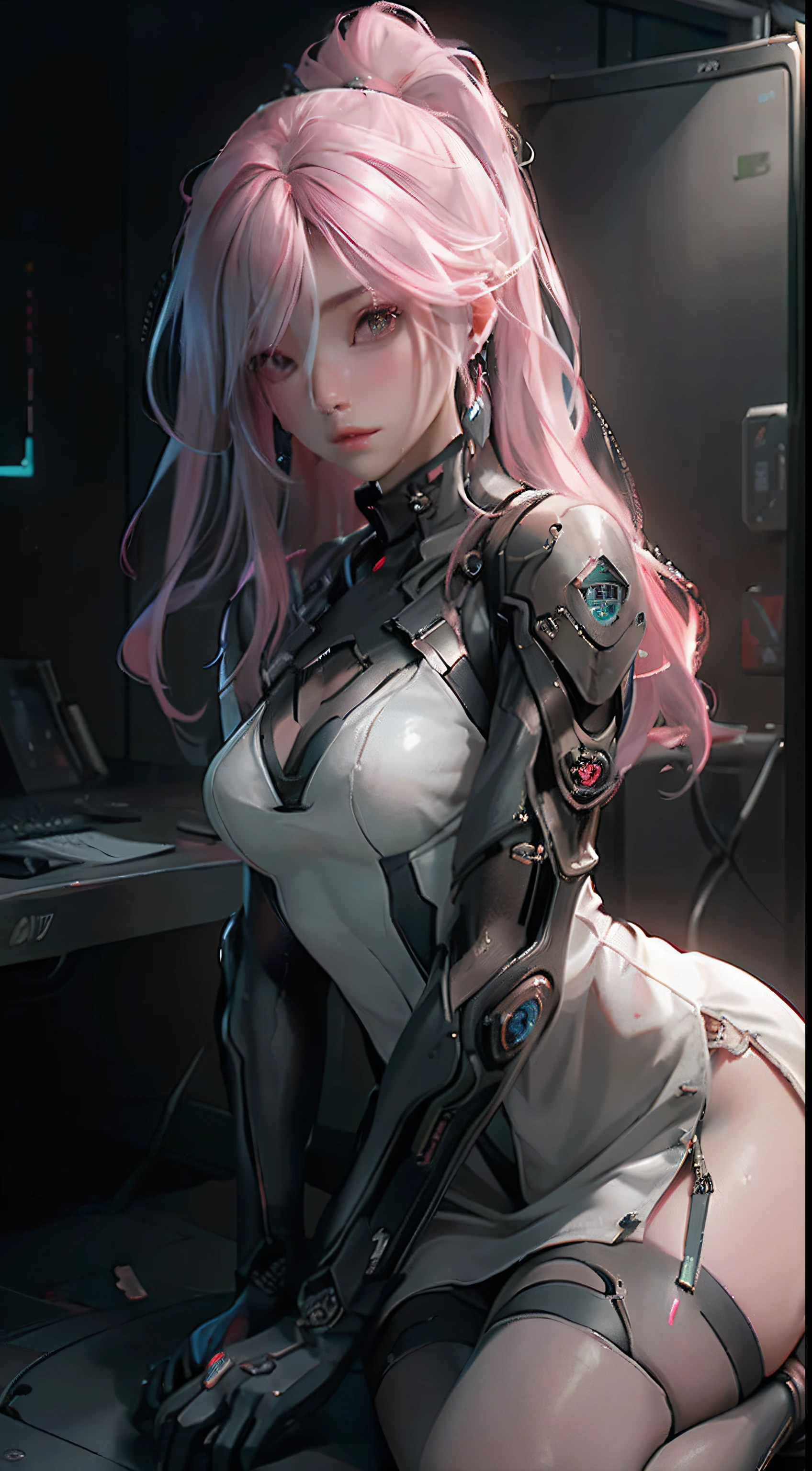 ((best qualtiy)), ((tmasterpiece)), (the detail:1.4), 。.。.。.。.。.。.。.。.。.。.。.3D, A beautiful cyberpunk female image,hdr（HighDynamicRange）,Ray traching,NVIDIA RTX,Hyper-Resolution,Unreal 5,Subsurface scattering、PBR Texture、post-proces、Anisotropy Filtering、depth of fields、maximum definition and sharpness、Many-Layer Textures、Albedo e mapas Speculares、Surface coloring、Accurate simulation of light-material interactions、perfectly proportions、rendering by octane、Two-colored light、largeaperture、Low ISO、White balance、the rule of thirds、8K raw data、，wearing in stocking，Bigchest，high-detail face，Pink gray hair，