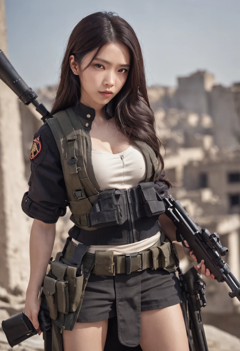 A female sniper ambushes the roof of a building,Aiming at the enemy,Battle background,Hyper-detailed photography,Mattire,Golden ratio,Chinese woman、Youthful、Gilet blanc、Short purple skirt、Open navel、long whitr hair、Tall guy、Armed with large sniper rifles、Black Hair Color、full bodyesbian、photorealestic、skin highlights、largeeyes、perfect anatomia,Reclining,ssmile