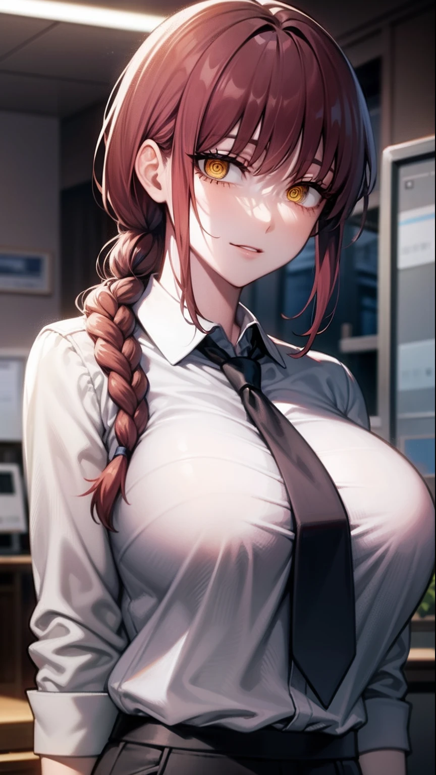 makima, makima, long hair, smile, bangs, ((huge breasts)), (yellow eyes:1.2), braid, red hair, braided ponytail, ringed eyes, BREAK shirt, long sleeves, white shirt, necktie, collared shirt, pants, black pants, formal, suit, black necktie, shirt tucked in, office lady, BREAK indoors, office, BREAK looking at viewer, BREAK (masterpiece:1.2), best quality, high resolution, unity 8k wallpaper, (illustration:0.8), (beautiful detailed eyes:1.6), extremely detailed face, perfect lighting, extremely detailed CG, (perfect hands, perfect anatomy),