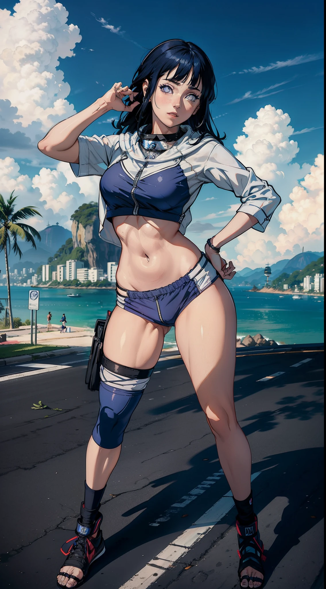 Hinata Hyuga usando roupas curtas, Bunda Grande, pernas grossas, Funkeira, Brasileira, extremamente sexy, rebolando, dancing funk, short curto, mostrando metade da bunda, bunda Grande, pernas grossas, cabelos longos, Nike Air Jordan sneakers, idade entre 18 a 20 anos, volkswagen Saveiro no fundo, com som ligado, alto falantes, na cidade do Rio de Janeiro no Brasil