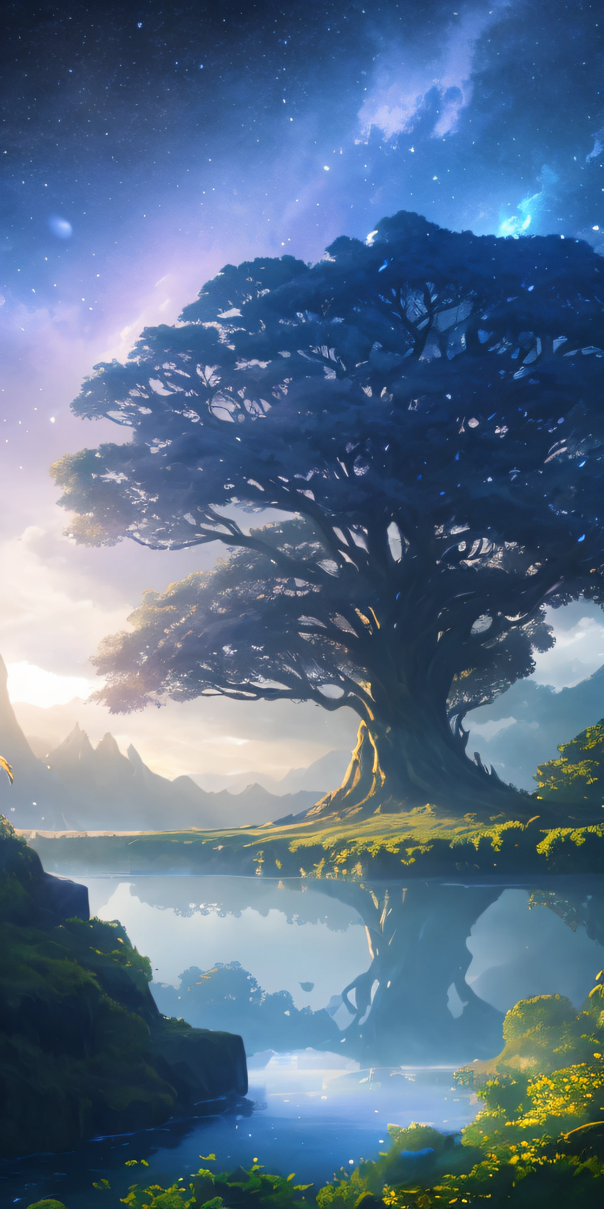there is a tree that is standing in the grass by the water, Fantasy Tree, made of tree and fantasy valley, Concept art wallpaper 4K, Fantasy art landscape, epic dreamlike fantasy landscape, Magical tree, 4K fantasy art, background artwork, 4k highly detailed digital art, impressive fantasy landscape, Unreal Engine fantasy art, Epic fantasy landscape
