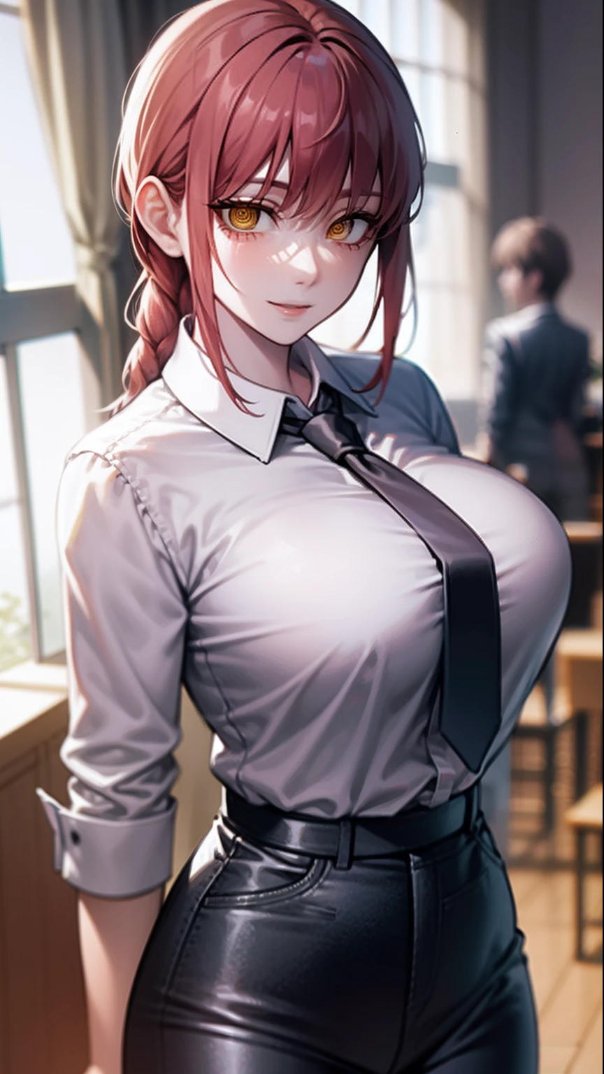 makima, makima, long hair, smile, bangs, ((huge breasts)), (yellow eyes:1.2), braid, red hair, braided ponytail, ringed eyes, BREAK shirt, long sleeves, white shirt, necktie, collared shirt, pants, black pants, formal, suit, black necktie, shirt tucked in, office lady, BREAK indoors, office, BREAK looking at viewer, BREAK (masterpiece:1.2), best quality, high resolution, unity 8k wallpaper, (illustration:0.8), (beautiful detailed eyes:1.6), extremely detailed face, perfect lighting, extremely detailed CG, (perfect hands, perfect anatomy),