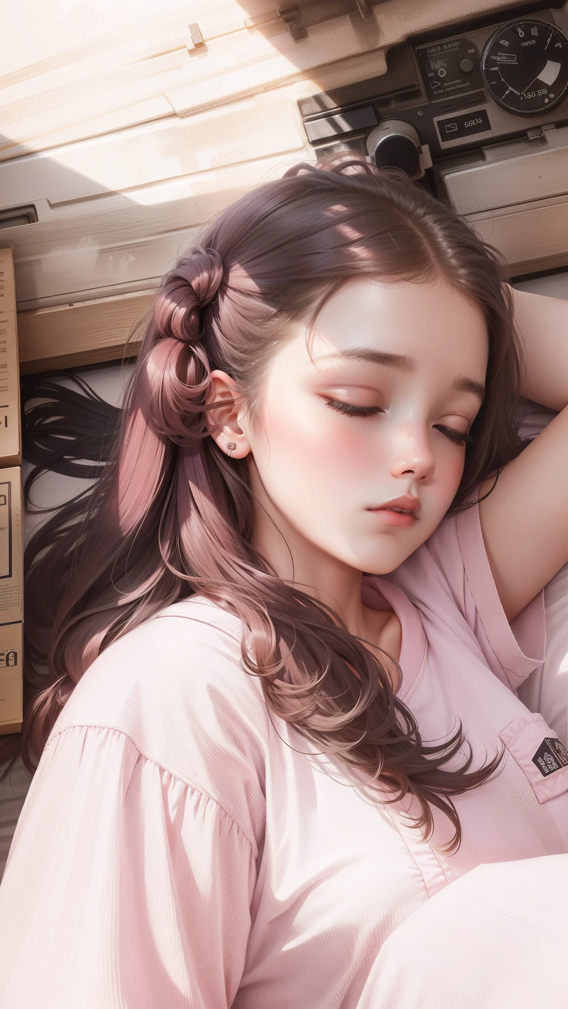 Sleeping girl, 13years old, realistic, she is wearing long pants, she is wearing pink pajama, brown hair.