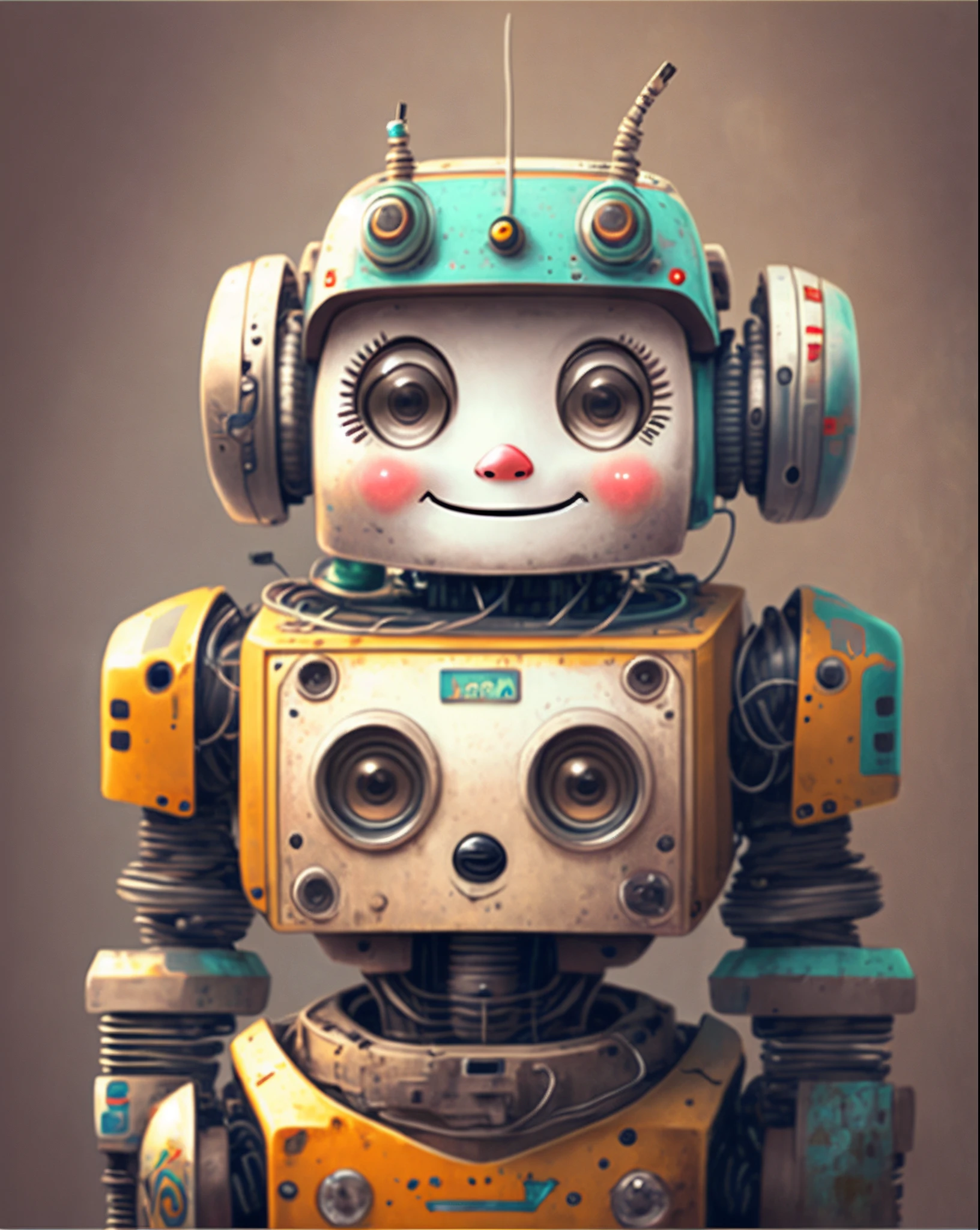 Cute robot talking to smiling girls