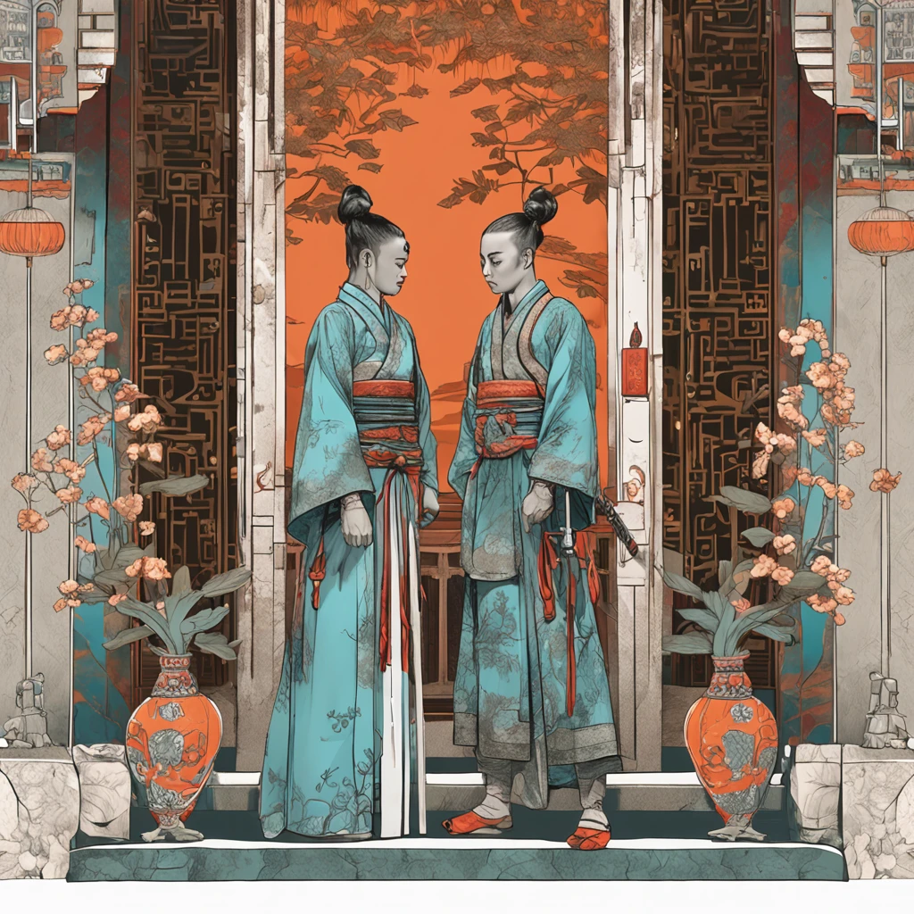 Best quality, Masterpiece, 超高分辨率, (photograph realistic:1.4), surrealism, Dream-like,fusionart, A sweet ancient girl,Chopsticks in hand,A handsome, emaciated man,Sword in hand, Double,Stand in front of the sliding door,Turquoise trees behind the door,with light glowing,Put the blue sky and white clouds,Orange dark costume, Chinese style, Immortal Palace, opulent, Warm