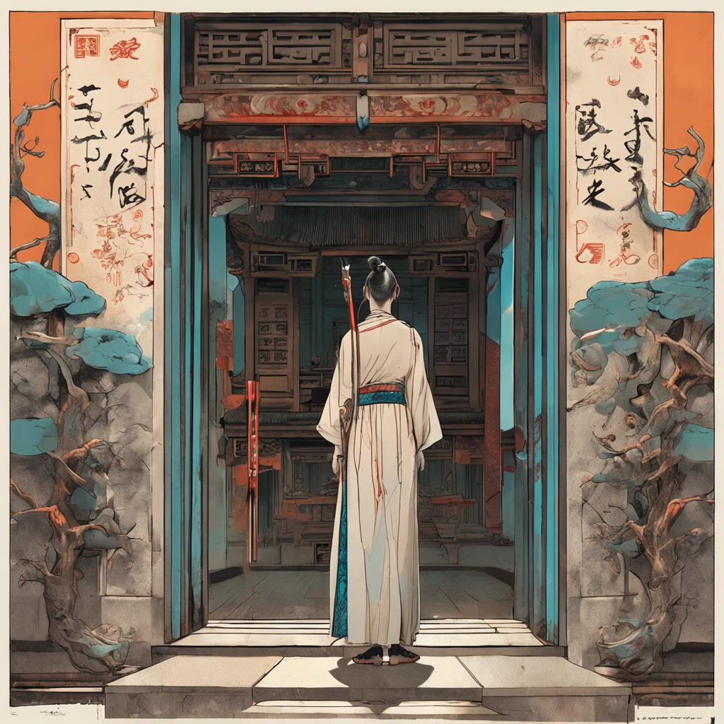Best quality, Masterpiece, 超高分辨率, (photograph realistic:1.4), surrealism, Dream-like,fusionart, A sweet ancient girl,Chopsticks in hand,A handsome, emaciated man,Sword in hand, Double,Stand in front of the sliding door,Turquoise trees behind the door,with light glowing,Put the blue sky and white clouds,Orange dark costume, Chinese style, Immortal Palace, opulent, Warm