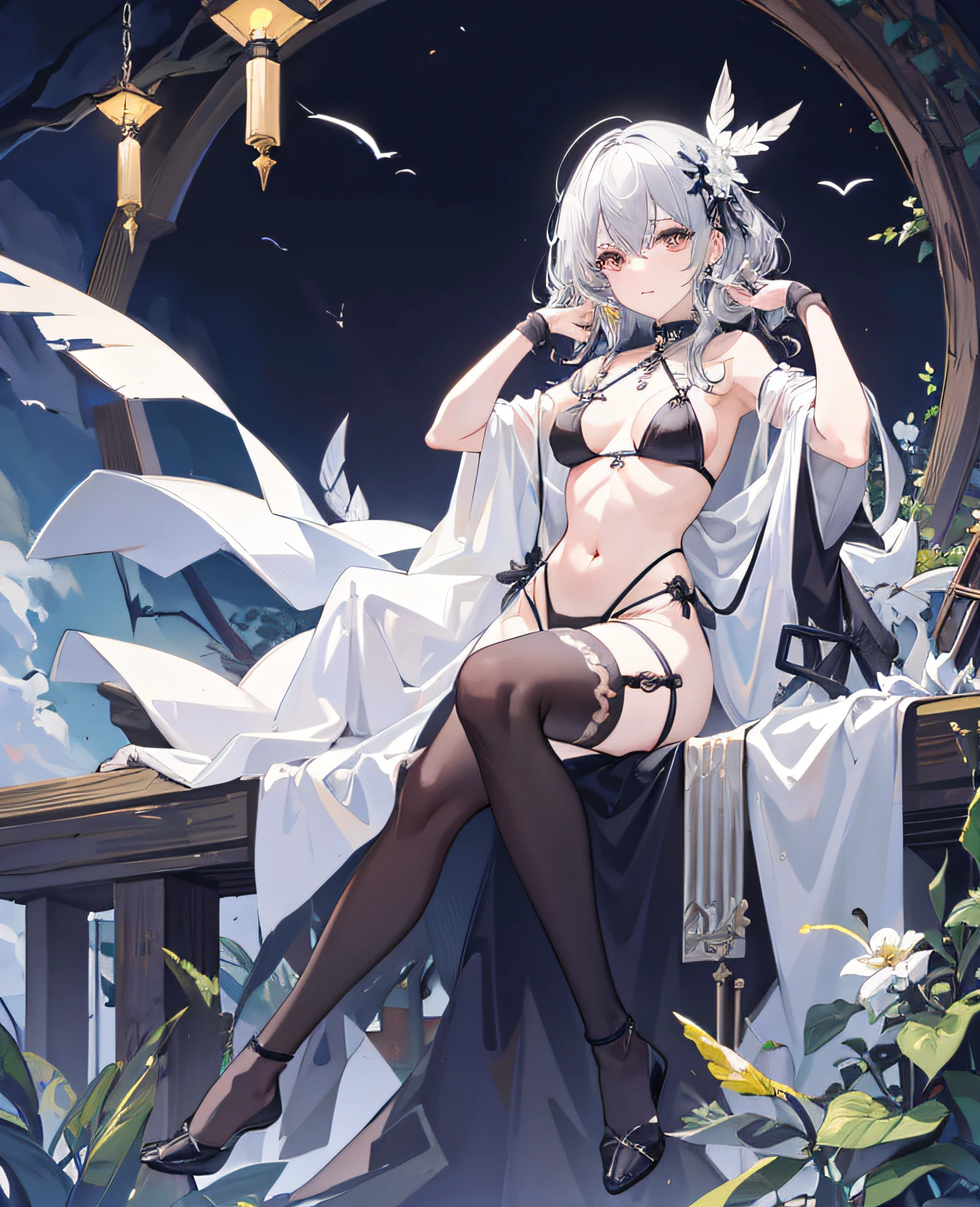 (Masterpiece),(Superb Work),Full Body,Simple Background,Seated,1 Woman,Glossy Hair,Gray Hair,Feather Hair Ornament,White Cloak,(See-through),Navel,Pale Smile,Plants,Flowers,Full Moon,Detective Theme,((Black Legwear)),(Crow)),Chain,Ruins, 1gir, in flower,black_bikini,1girl in flower,navel,