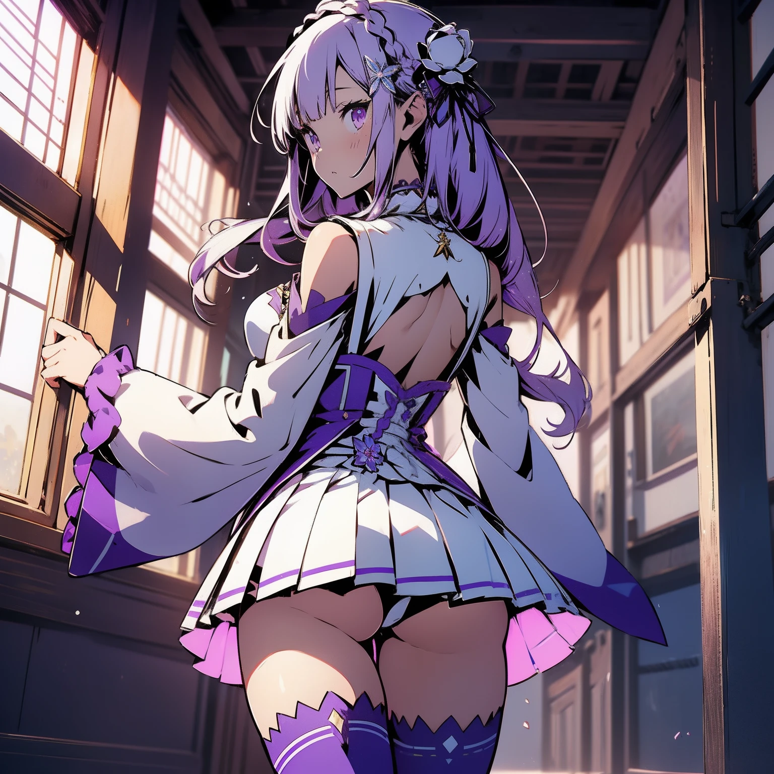 best quality, masterpiece, absurdres, 1girl, solo, emilia, braid, crown braid, flower, hair flower, hair ornament, hair ribbon, long hair, pointy ears, (purple eyes:1.2), white hair, x hair ornament,
detached collar, detached sleeves, frilled sleeves, frills, long sleeves, miniskirt, pleated skirt, ribbon, skirt, thighhighs, white skirt, white sleeves, white thighhighs, wide sleeves, zettai ryouiki, bubble butt, back view, extremely sexy, seductive, standing, indoors, blushing, embarrased, flirty