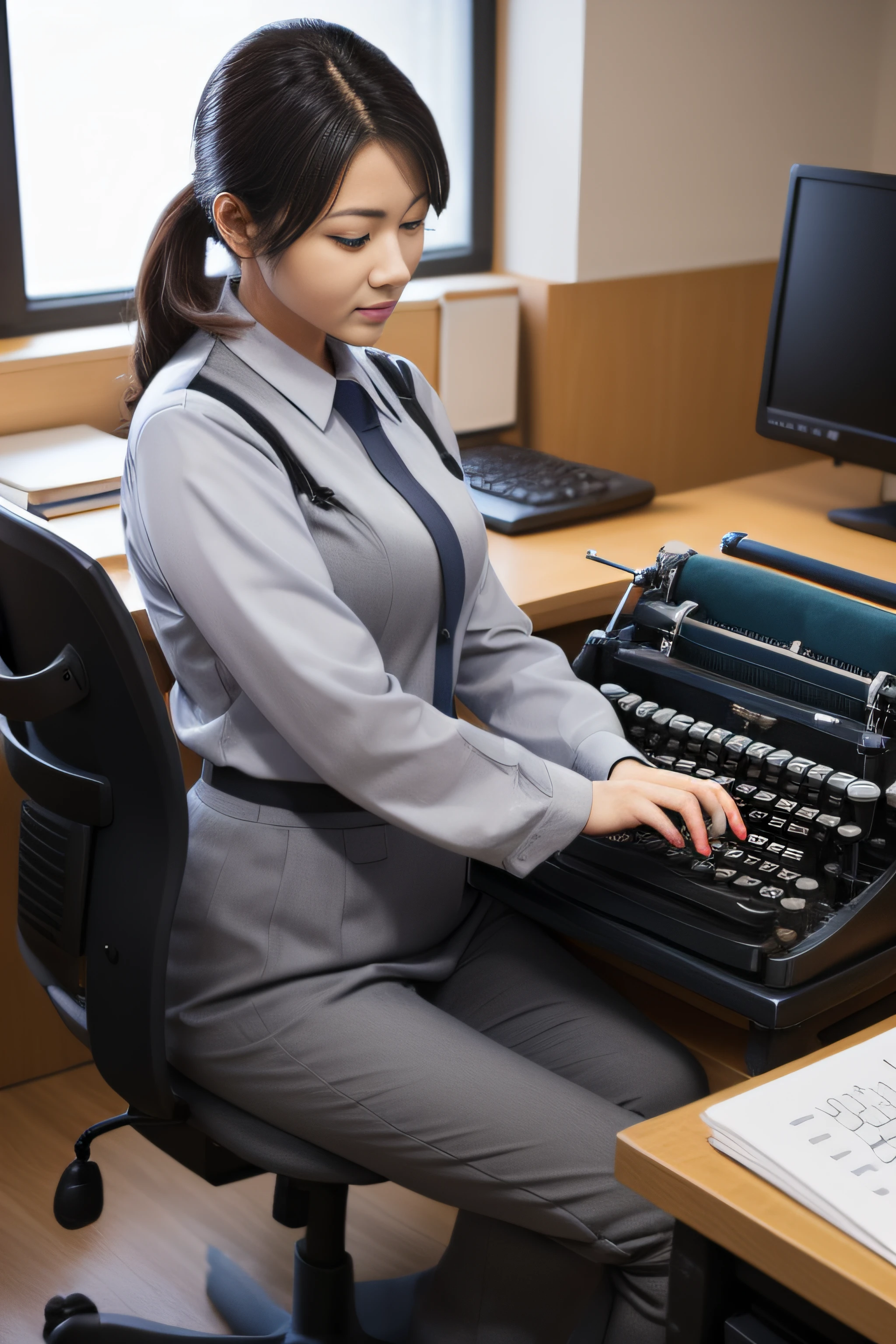 Prisoner office worker gray clothes typewriter