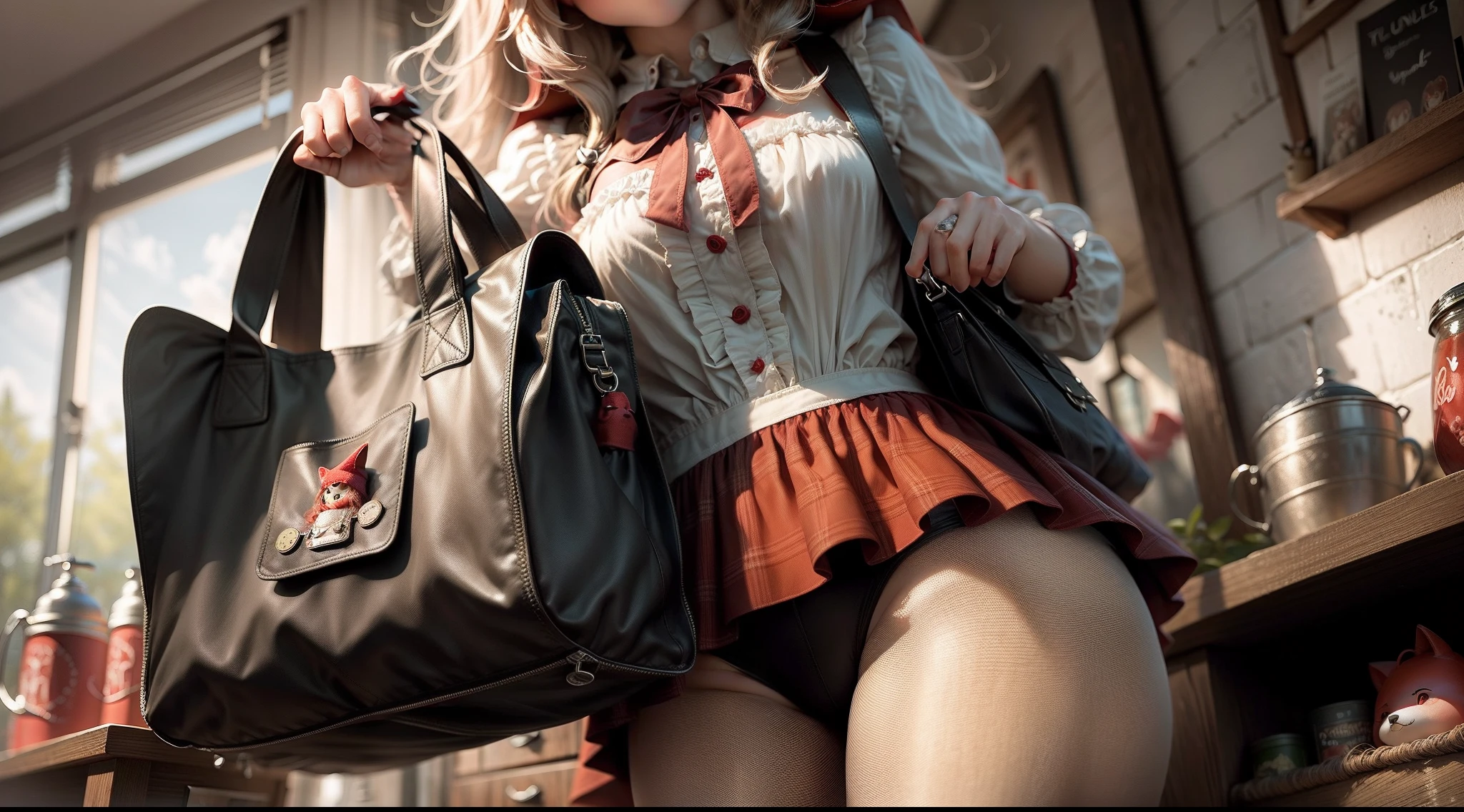 Big Bad Wolf secretly follows Little Red Riding Hood,High-definition large image,Control of details,Little Red Riding Hood tote basket,The big bad wolf peeps in the back