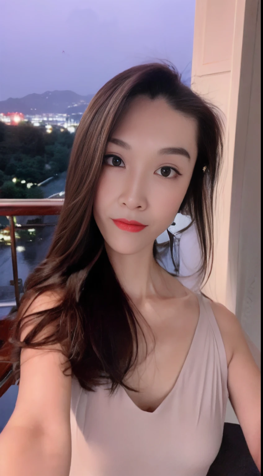 ((Best quality, 8k, Masterpiece: 1.3)), Selfie, Sharp focus: 1.2, Cute beautiful woman with perfect body: 1.4, Slim big breasts: 1.2, ((Brown hair dark, Big breasts: 1.2)) , (small transparent dress, half naked, highly detailed breasts, Happy expression, Standing: 1.2), ((Night view of the city with rain, Balcony simple: 1.3 making with the female being the main focus)), Highly detailed face and skin texture, Detailed eyes, Double eyelid,(nsfw:1.5),NSFW,