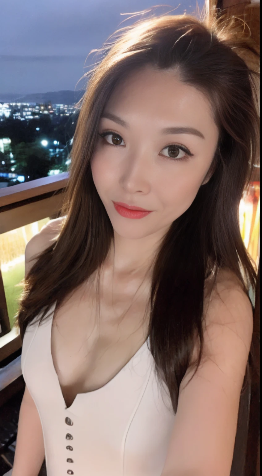 ((Best quality, 8k, Masterpiece: 1.3)), Selfie, Sharp focus: 1.2, Cute beautiful woman with perfect body: 1.4, Slim big breasts: 1.2, ((Brown hair dark, Big breasts: 1.2)) , (small transparent dress, half naked, highly detailed breasts, Happy expression, Standing: 1.2), ((Night view of the city with rain, Balcony simple: 1.3 making with the female being the main focus)), Highly detailed face and skin texture, Detailed eyes, Double eyelid