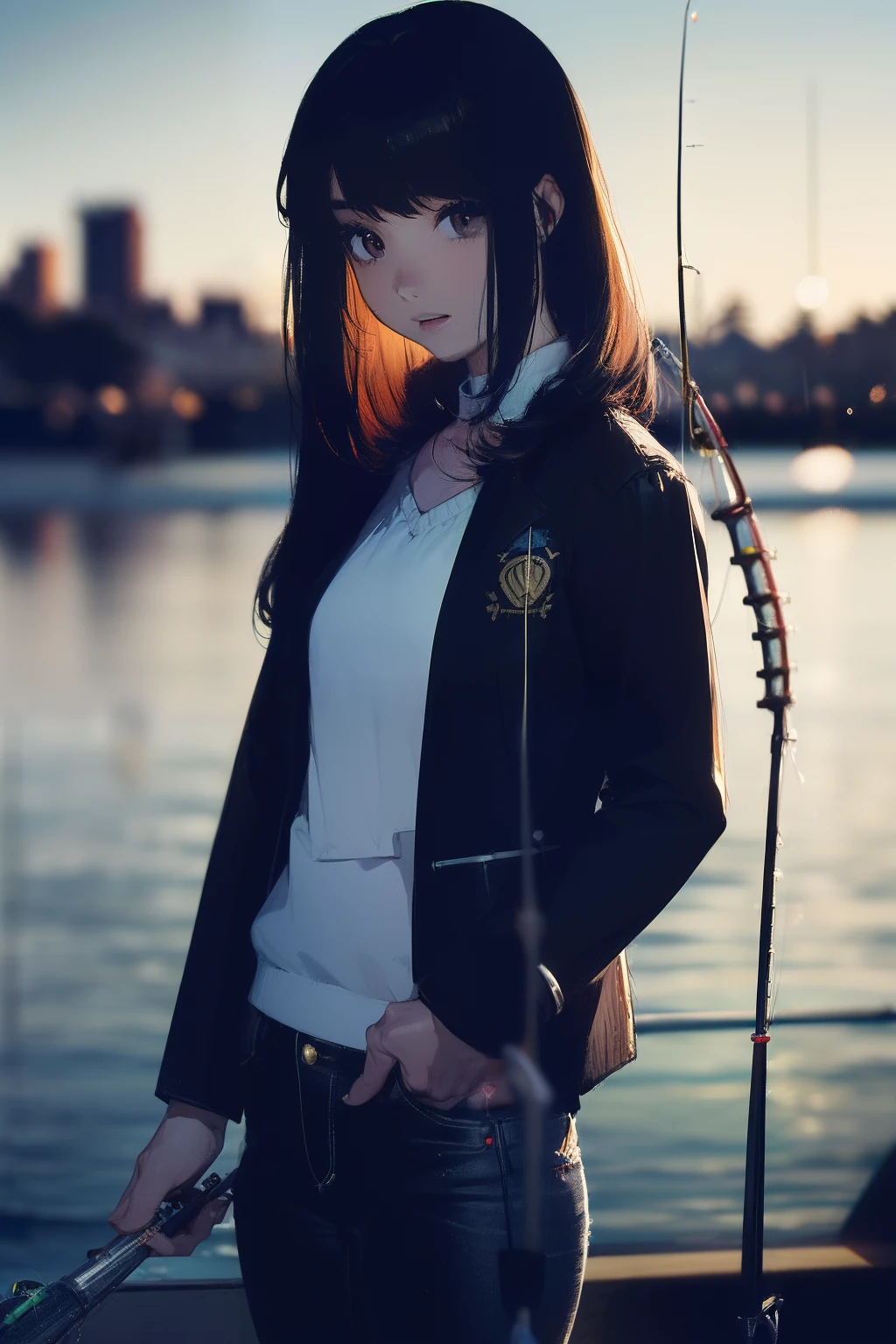 ((((casting a lure and having fishing rod with a reel by the lakeside:1.5)))),((Female 28 years old)),((Best Quality:1.5)),(((Hands with the correct number and structure of fingers:1.4))),((Big fish:1.37)),hight resolution,ultra-detailliert,​masterpiece,best qualtiy,(Eight-headed body),Black hair, long eyes-lashes, Solid Circle Eyes, drop shadow, Atmospheric perspective,Super Detail, ccurate, small brest,(Black jacket and black jeans :1.1),top-quality, blurry backround, bokeh dof:1.2, (​masterpiece:1.3),  Atmospheric perspective,Super Detail,dynamic compositions,