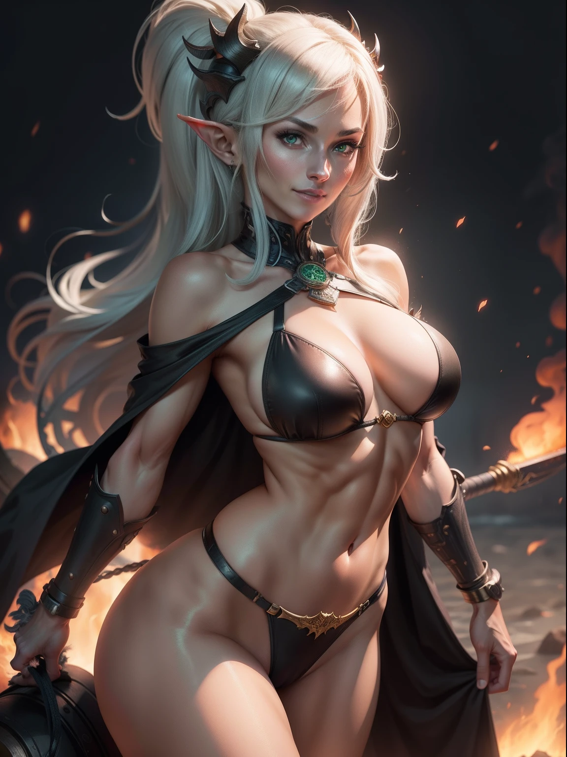 One Woman, masutepiece, of the highest quality, posterior view, Queen of the Grey Elves, bikini of, central, Belt bag, Peach Boots, viewer, Face, Portrait, Glowing eyes, Green smoke, Ass, Black background, Raised breasts, Bare skin, facial expression of smile, devil's figure, Docking screen, Muscle Girl, Krautin Gregg Open, Lower body