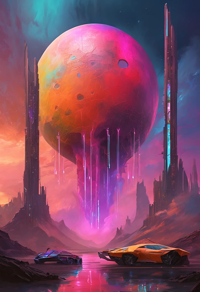 "Immerse yourself in a cyberpunk-inspired environment, A neon-lit world, Be captivated by the surreal sight of a ringed planet dominating the sky, Full of fascinating digital art.Technologie,SUV,Hyper-realistic