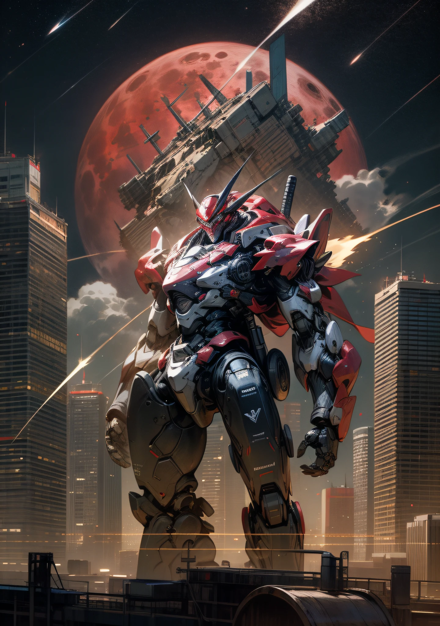 power armor in the middle of the city with a red moon on top, with buildings on the side, beautiful effect, shooting star in the sky, masterpiece, best quality, ultra quality, absurd details, best light, best shadow, sharp, sharp image, detailed, extremely detailed, great resolution, 8k, 4k, uhd, detailed robot, black and red armor