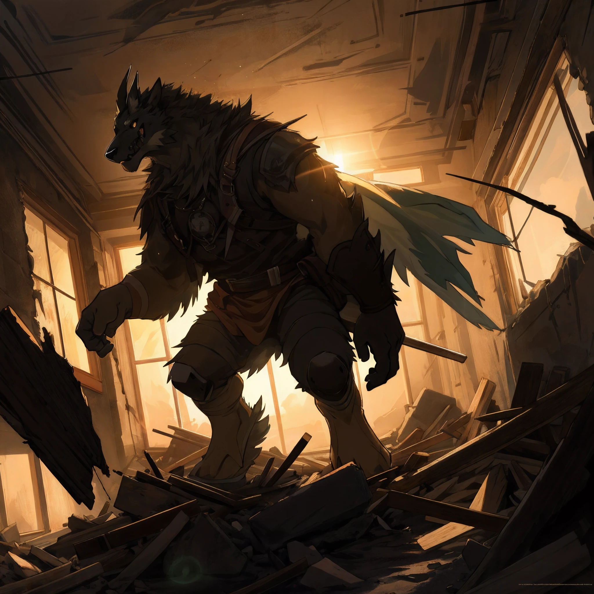 highres, top quality, best quality, paid reward available, High-quality illustrations, unparalleled masterpiece, perfect artwork, absurdres, animal creature standing in the center of a dimly lit room, Rubble, decayed room, Sunset through the window, lens flare, dynamic lighting, cinematic shadow, dutch angle,