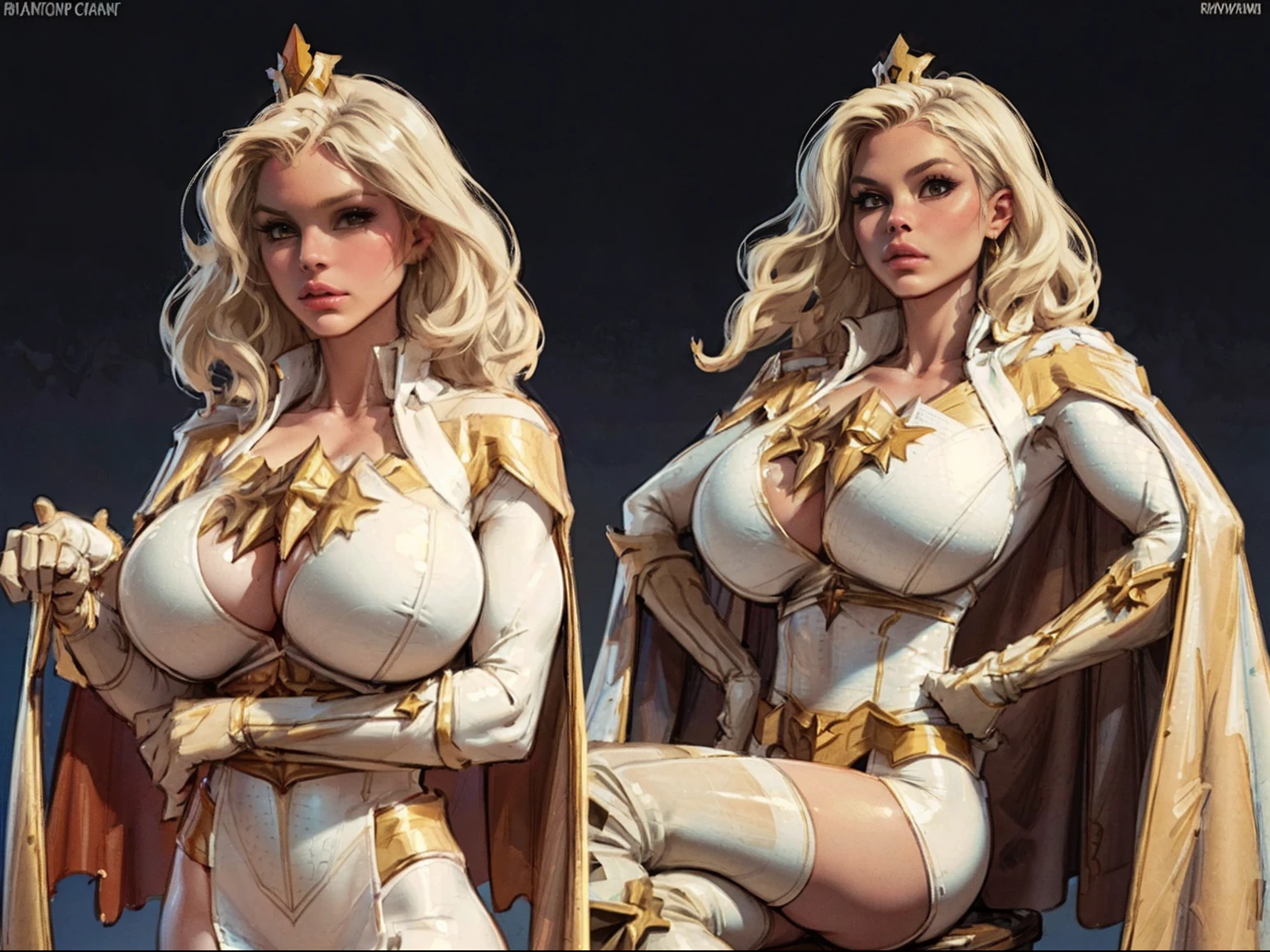 ((masterpiece)),(((best quality))),((character design sheet)), illustration,1woman, ((starlight:1.2)) theboys, environment Scene change, muscular, (gigantic breasts:1.3), (black legs), thick legs, (royalty cape:1.5), scribbles and marks, fire, ((detailed face:1.1)), rough sketches, pose too, platinum blonde, black and gold color palette, 8k,16k, (simple background, light background: 1.3)