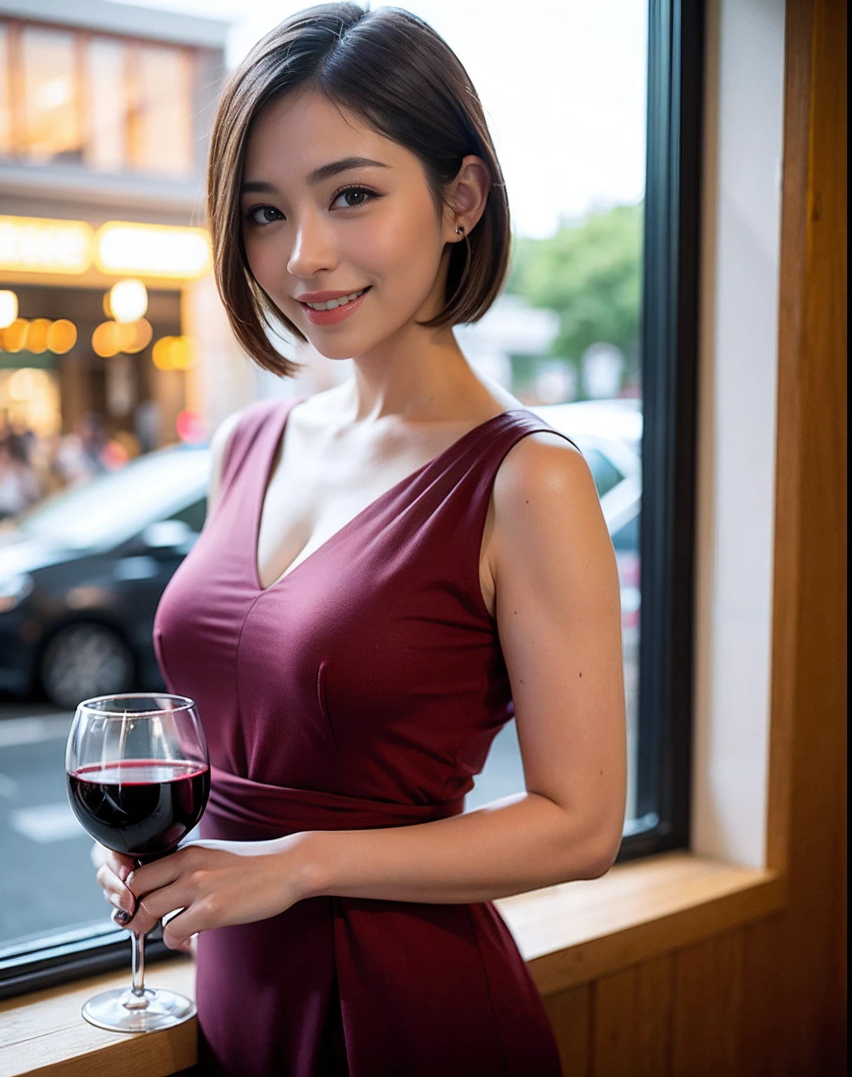 (64K, UHD, top quality, masterpiece: 1.2), (realistic, photorealistic: 1.37), super detailed, pretty woman 1 person, (slim face), (slim body), (brown hair), (short cut), cheeks slightly blushing, (44 years old), 38 years old, solo, beautiful detailed urban night view outside the window, restaurant, wine glasses sit, at night, in a prominent placeNovaFrogStyle, Actress, Model, Waist Up, White Wine, Slim, Wine Glass, Super Clean Night View, Wine Glass Put in the Middle, Happy Smile, (Smile: 1.15), Beautiful Fine Eyes, Upper Body, Bust Japan Up, Night, Short, Short, Actress, Model, Waist Up, White Wine, Slim, Wine Glass, Super Clean Night View, Wine Glass Put in the Middle, Happy Smile,