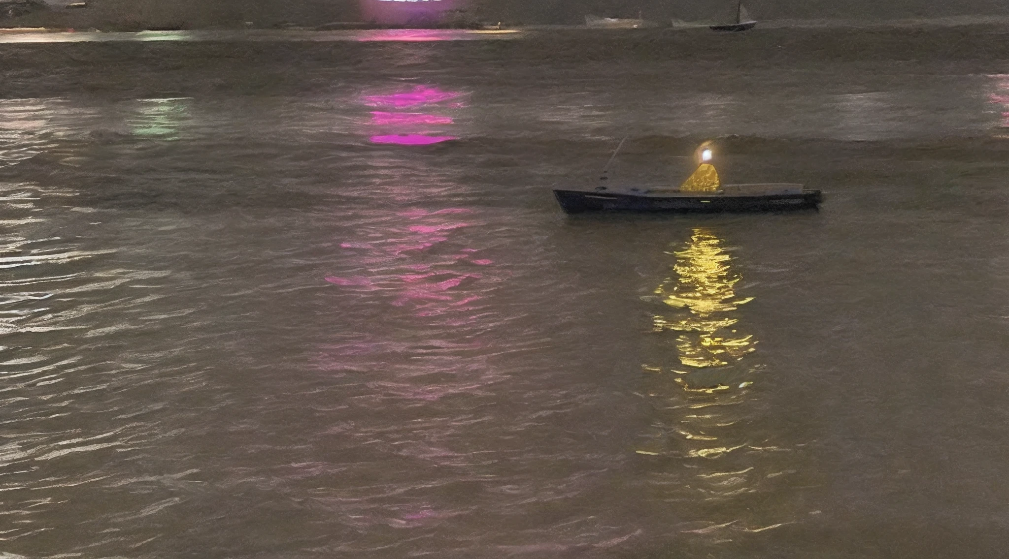 There are small boats floating in the water at night, boat with lamp, the river is full of lights, photo taken at night, photo taken from far away, small boat in foreground, 3 boat in river, The river is gorgeously lit, photograph taken in 2 0 2 0, boat in foreground, Lights on, Glare on the water, small boat