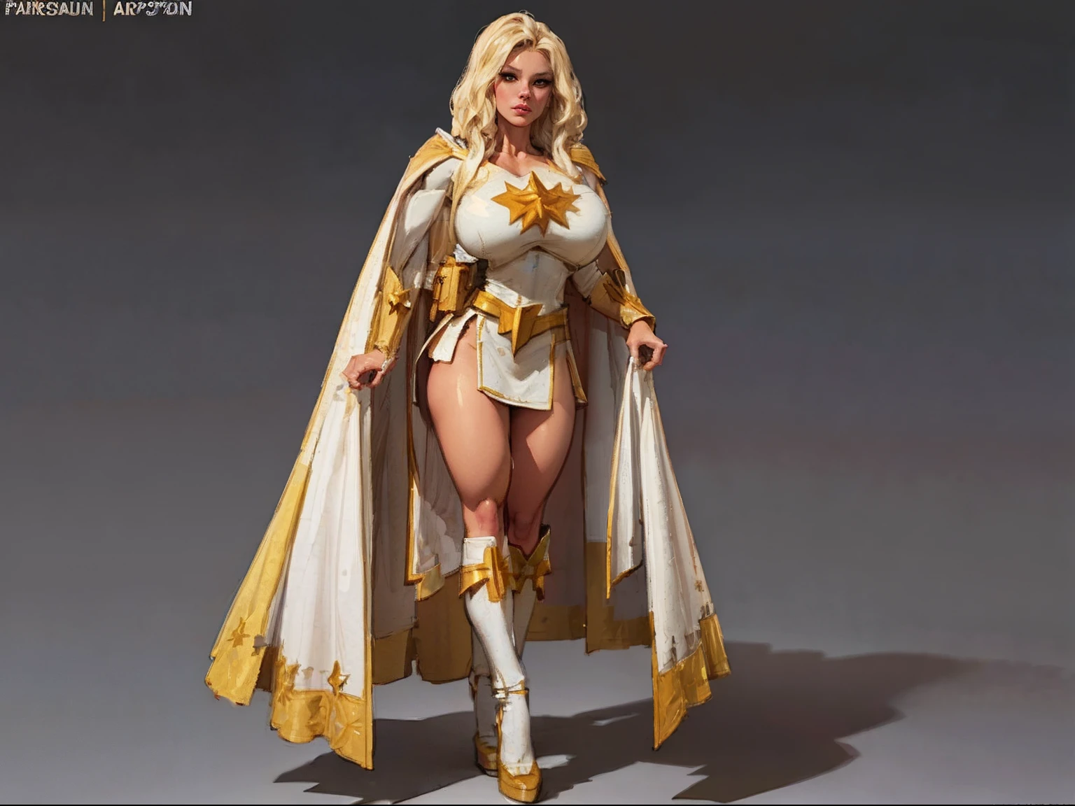 ((masterpiece)),(((best quality))),((character design sheet)), illustration,1woman, ((starlight:1.2)) theboys, environment Scene change, muscular, (gigantic breasts:1.3), (black legs), thick legs, (royalty cape:1.5), scribbles and marks, fire, ((detailed face:1.1)), rough sketches, pose too, platinum blonde, black and gold color palette, 8k,16k, (simple background, light background: 1.3)
