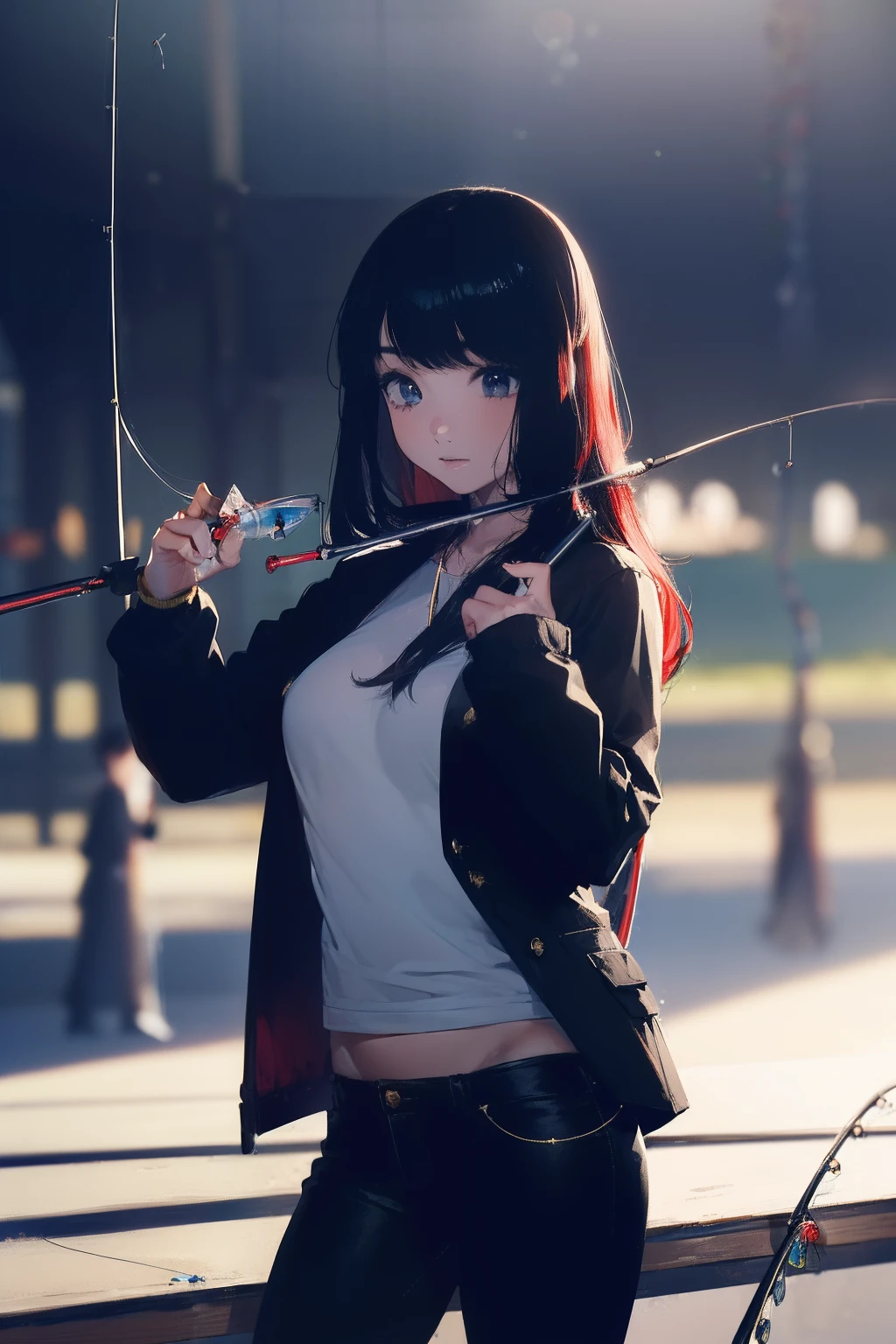 ((((casting a lure and having fishing rod with a reel by the lakeside:1.5)))),((Female 28 years old)),((Best Quality:1.5)),(((Hands with the correct number and structure of fingers:1.4))),((Big fish:1.37)),hight resolution,ultra-detailliert,​masterpiece,best qualtiy,(Eight-headed body),Black hair, long eyes-lashes, Solid Circle Eyes, drop shadow, Atmospheric perspective,Super Detail, ccurate, small brest,(Black jacket and black jeans :1.1),top-quality, blurry backround, bokeh dof:1.2, (​masterpiece:1.3),  Atmospheric perspective,Super Detail,dynamic compositions,
