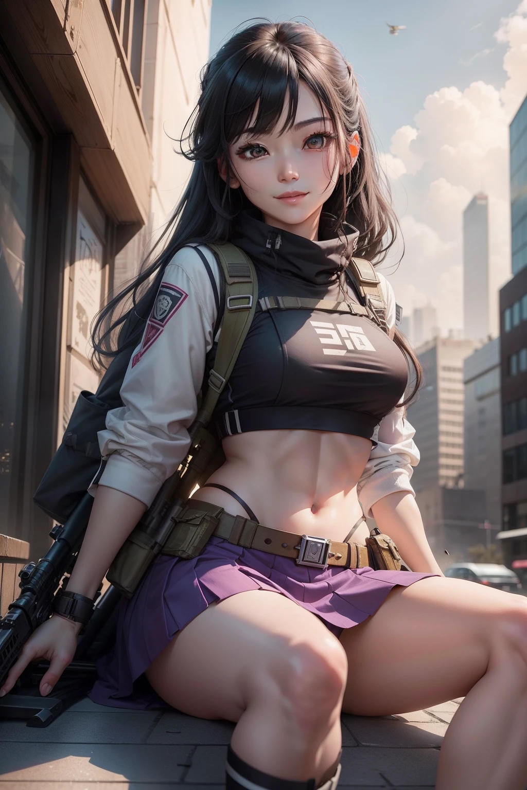 A female sniper ambushes the roof of a building，Armed with a sniper rifle is aiming at the enemy，Battle background，Hyper-detailed photography，Mattire，Golden ratio,Chinese woman、Youthful、Gilet blanc、Short purple skirt、Open navel、long whitr hair、Tall guy、Black Hair Color、full bodyesbian、photorealestic、skin highlights、largeeyes、perfect anatomia，Reclining，With a smile