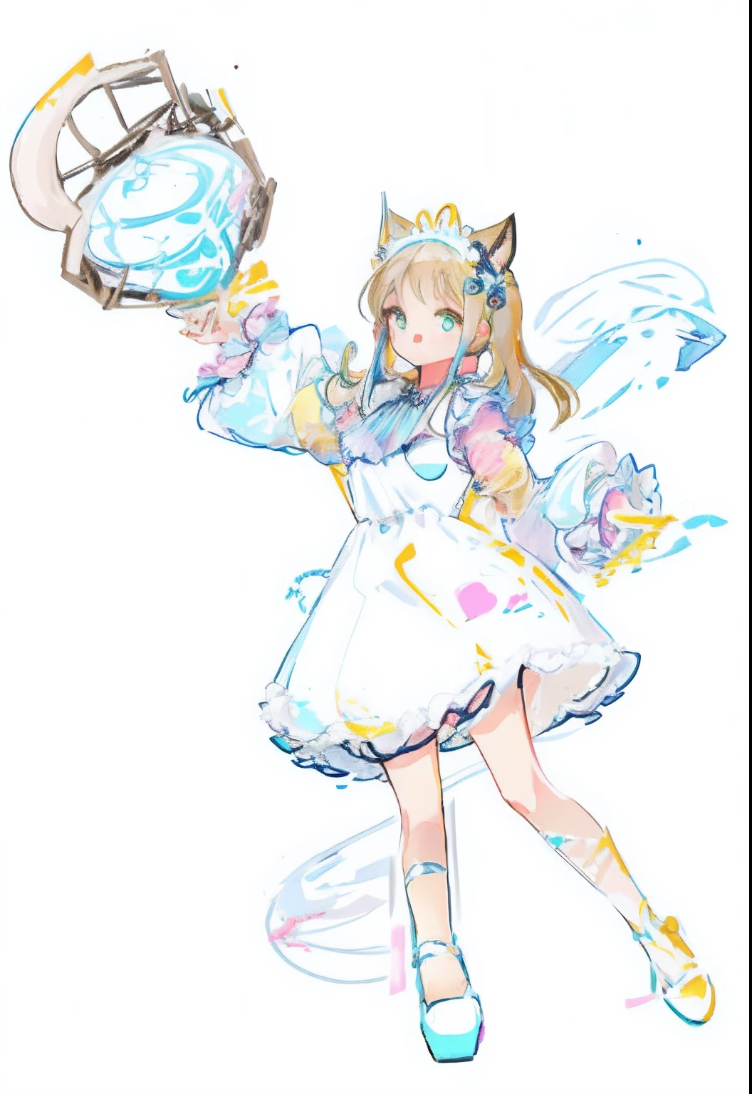 Painting of a girl holding a box, small curvaceous ****, holding a pudica pose, heavy outline, female furry mini cute style, pudica pose gesture, **** in dress, anime cat girl in a maid costume, Genshin character Kira Ryoshi,