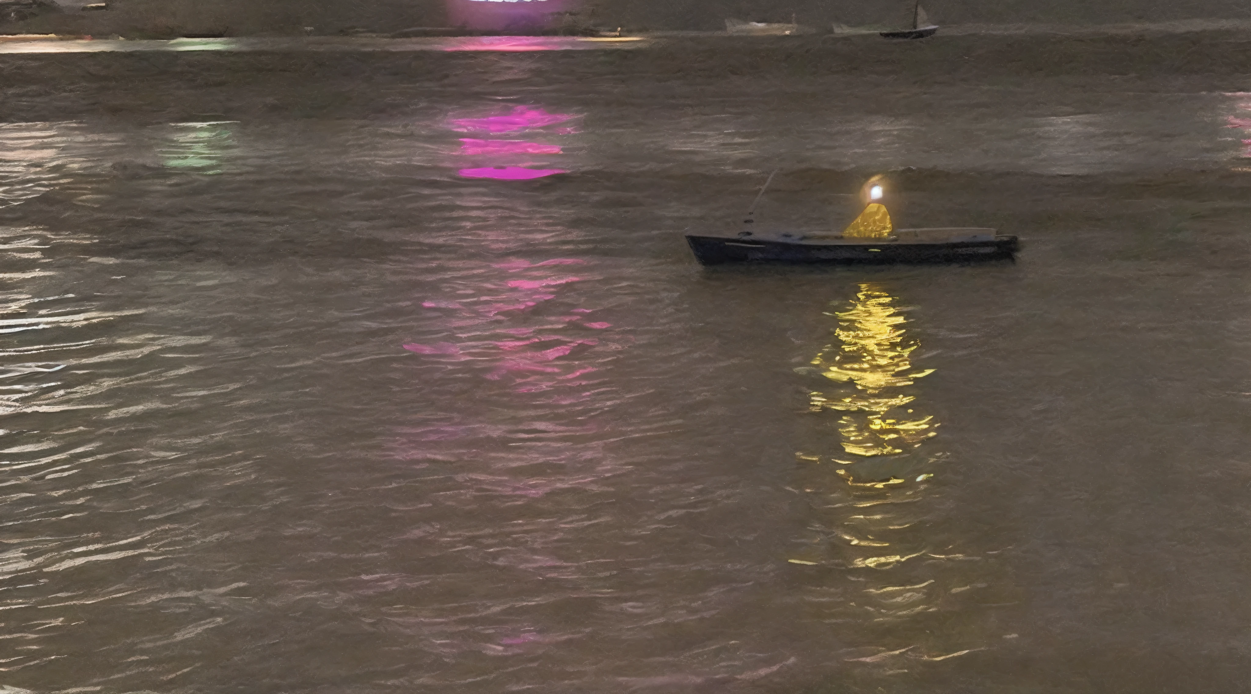 There are small boats floating in the water at night, boat with lamp, the river is full of lights, photo taken at night, photo taken from far away, small boat in foreground, 3 boat in river, The river is gorgeously lit, photograph taken in 2 0 2 0, boat in foreground, Lights on, Glare on the water, small boat