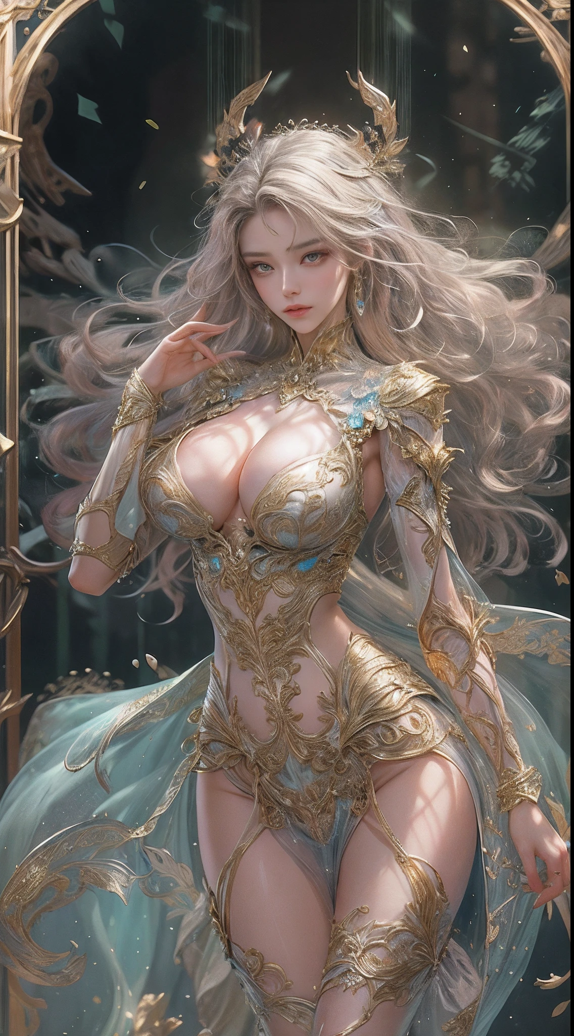 Woman in a golden transparent dress,High heels, (((Huge breasts, Large cleavage))),Slim waist,(Bare waist), Long hair, micro-curly hair, Ultra-detailed details,High-end Zhenyi station, Rainstorm site, detailed fantasy art, Stunning character art, Beautiful and exquisite character art, Beautiful gold and silver armor, Extremely detailed, Girl in shiny armor, Exquisite tiaras and jewelry,Crystal jewelry filigree, Full body capture, milky ways, Stunning visuals, (dynamic streaks, light tracks:1.2), Vibrant colors,