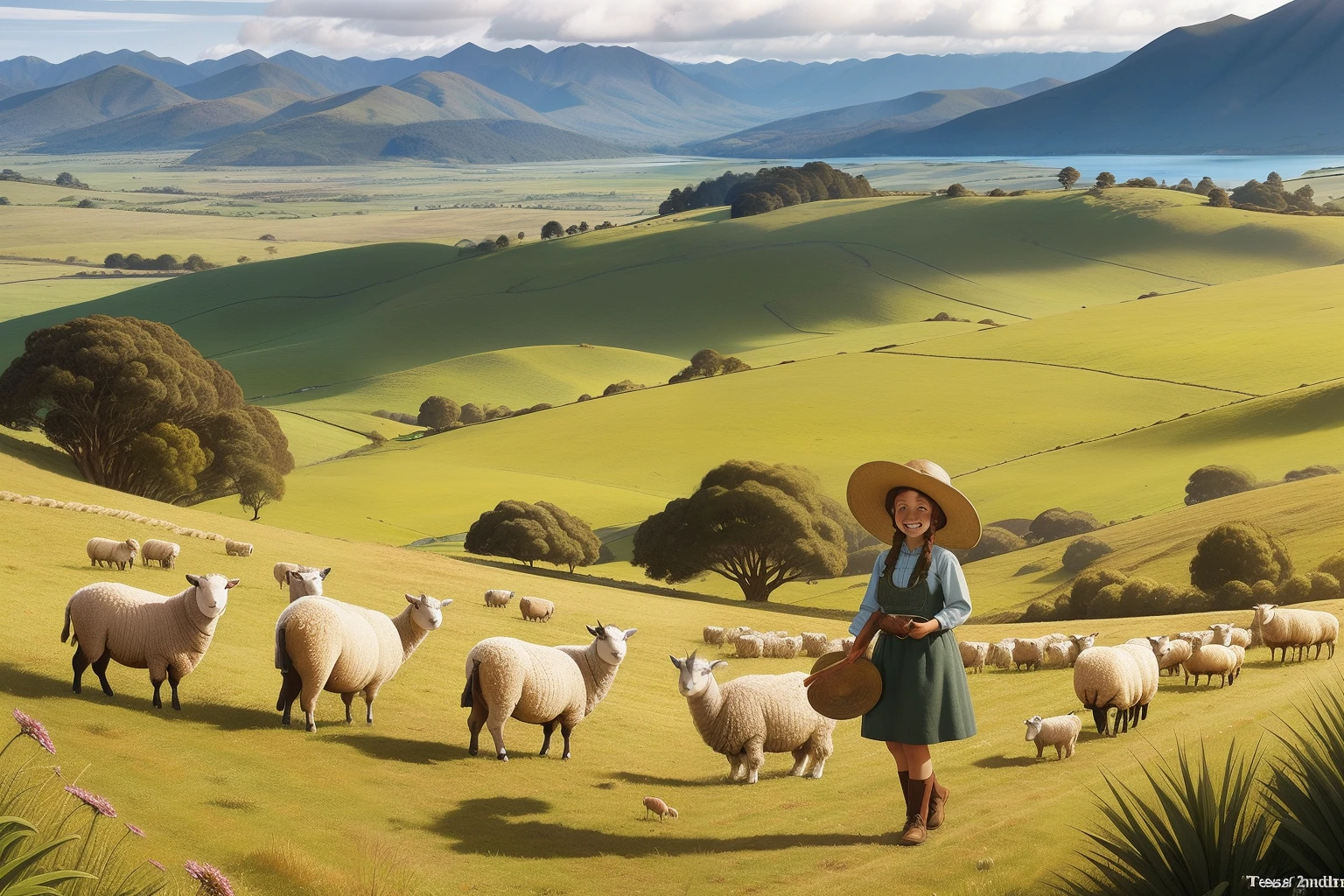 Year: 2008
Country: New Zealand
Description: In the rolling hills of the North Island, a ((tween with freckles)) and a wide-brimmed hat stands amidst a field of sheep.