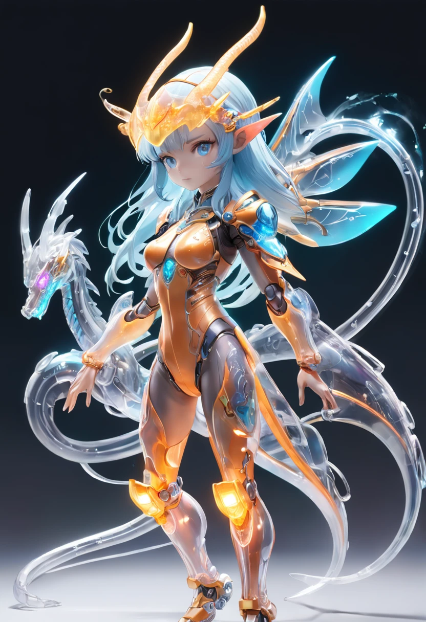 chinesedragon, (Blind box toy style:1.2), (Full body shot) , 1 Transparent adult female elf,Behind her is a transparent Chinese dragon, Transparent mech, Exquisite helmet:1.2, Luminous goggles:1.2, Cyberpunk, dreamy glow, luminous neon lights, Clean, White background, ( Global illumination, Ray traching, hdr, unreal render,reasonable design, high detal, Masterpiece, Best quality, hyper HD, Cinematic lighting)