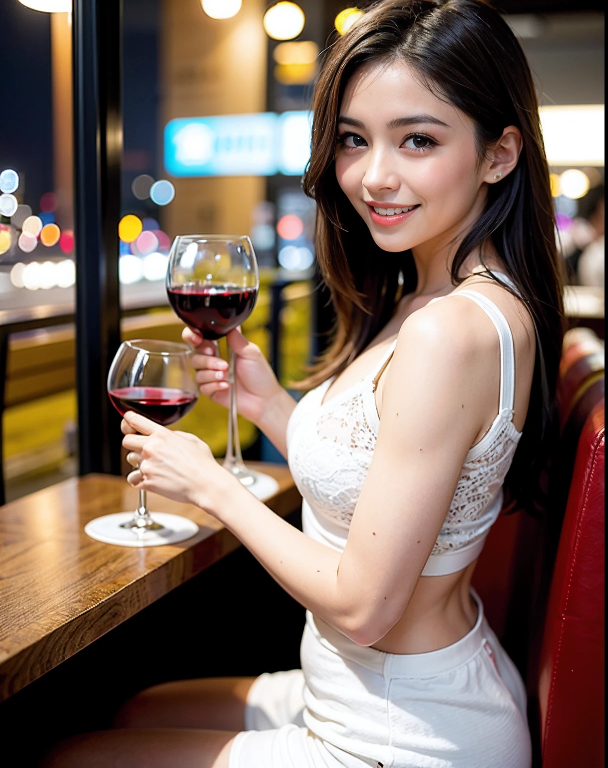 (64K, UHD, top quality, masterpiece: 1.2), (realistic, photorealistic: 1.37), super detailed, pretty woman 1 person, (slim face), (slim body), (brown hair), (short cut), cheeks slightly blushing, (44 years old), 38 years old, solo, beautiful detailed urban night view outside the window, restaurant, wine glasses sit, at night, in a prominent placeNovaFrogStyle, Actress, Model, Waist Up, White Wine, Slim, Wine Glass, Super Clean Night View, Wine Glass Put in the Middle, Happy Smile, (Smile: 1.15), Beautiful Fine Eyes, Upper Body, Bust Japan Up, Night, Short, Short, Actress, Model, Waist Up, White Wine, Slim, Wine Glass, Super Clean Night View, Wine Glass Put in the Middle, Happy Smile,