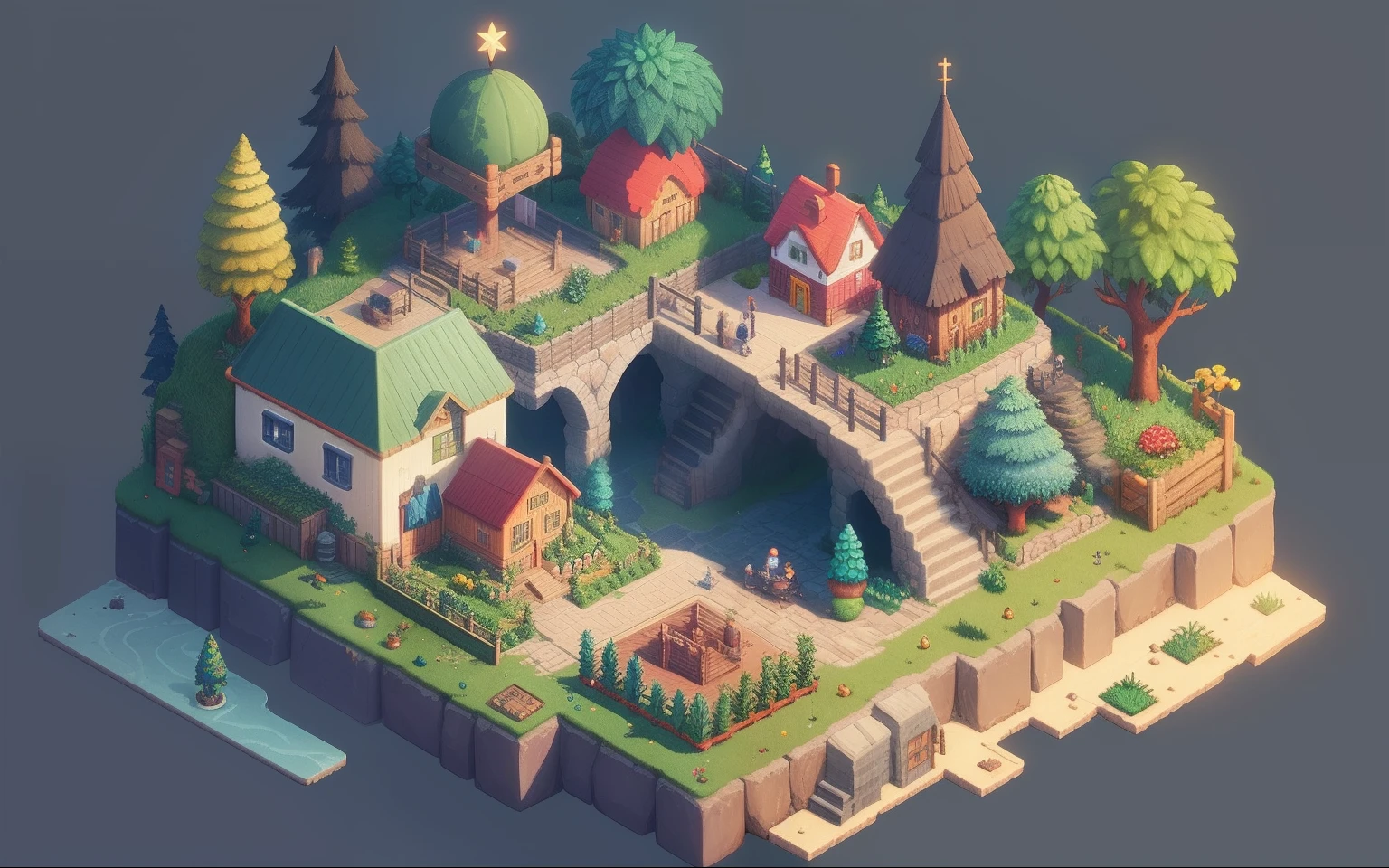 Stardew Valley style,gorgeous color,axonometric,Small island