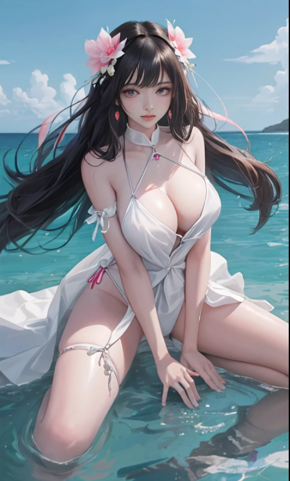 tmasterpiece, Awesome, peeping at the viewer, Realistis, The whole body is in the shot, on the lap, squatt, brunette color hair, long whitr hair, Thorough, large tall, Force real water, White less cloth transparent mini shirt, White transparent thong, beachside, RAWE is very detailed, ahegao, roll eyes, Be red in the face,, Sticky tongue, Vaginal rupture, Leucorrhoea, very Bigger breasts, Grasp your breasts with both hands,spread their legs, sexually arousing, sexual expressio, Glossy glossy skin。Tongue stock,Makeup,cheerfulness,Reflectors,ahegao,Pink eyes,Heart earrings,1,Solo,Female pervert,hair flower,Long hair,multicolored hair,Shiny hair,